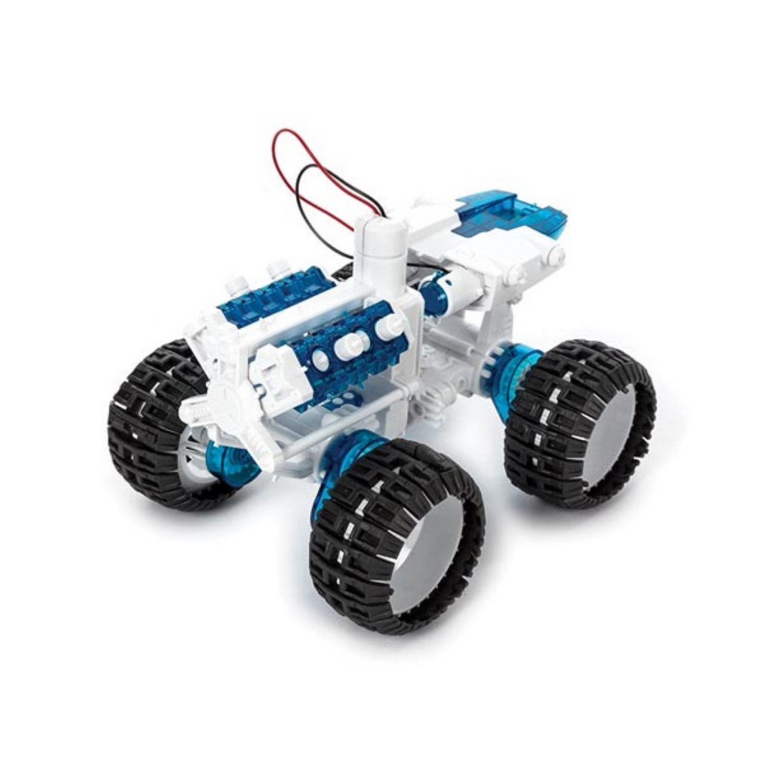 A white and blue toy car with large black wheels, on a white background.