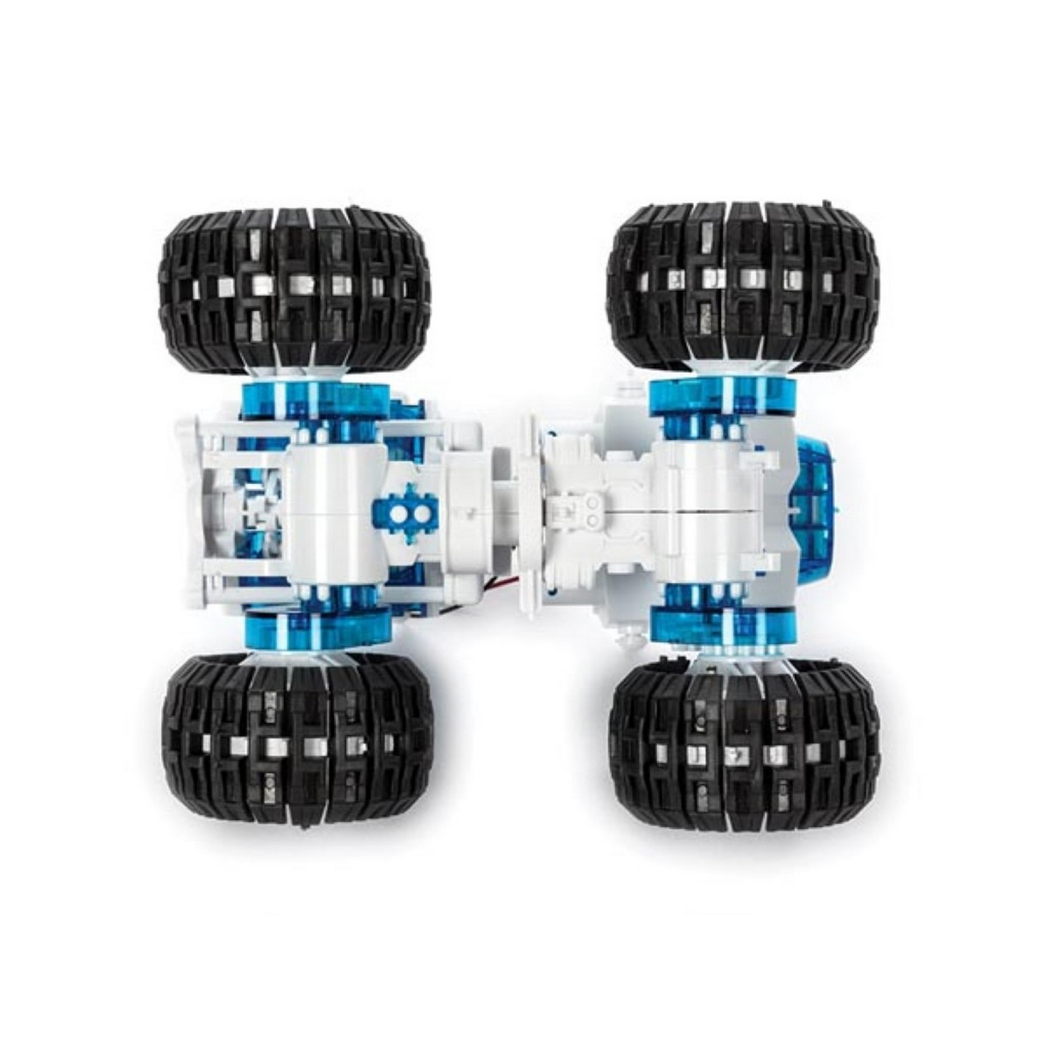 Robot toy with four black, ridged wheels. Blue and white accents on a white background.
