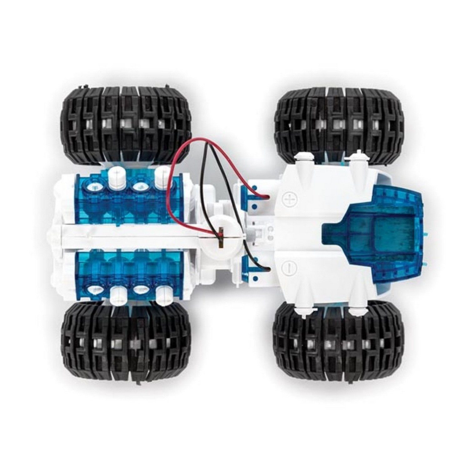 Toy vehicle from above. It is white with blue elements and black wheels.