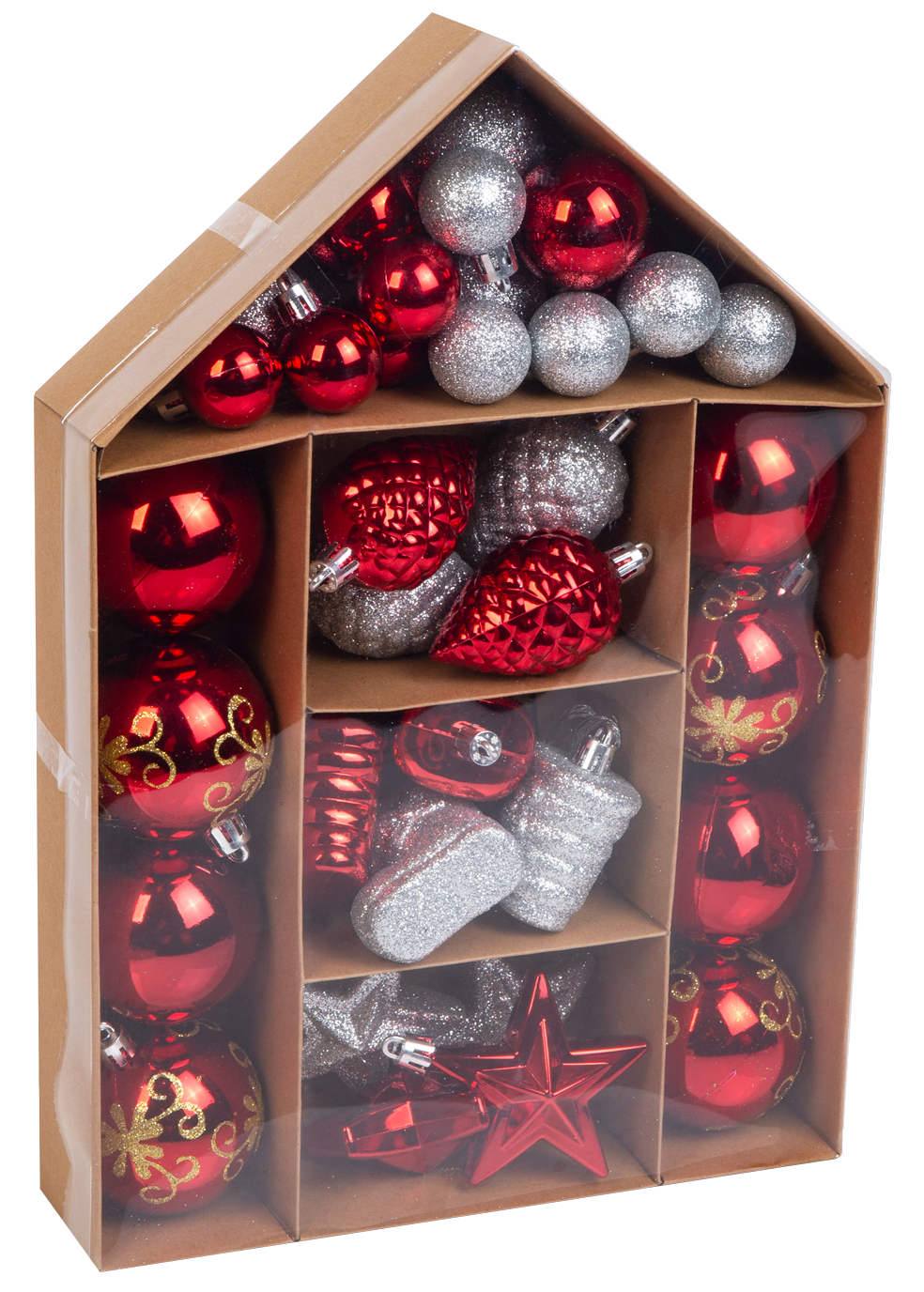 FAMILY CHRISTMAS Karácsonyfadísz szett, piros / ezüst, 3-8 cm, 36 db szett (58779A)