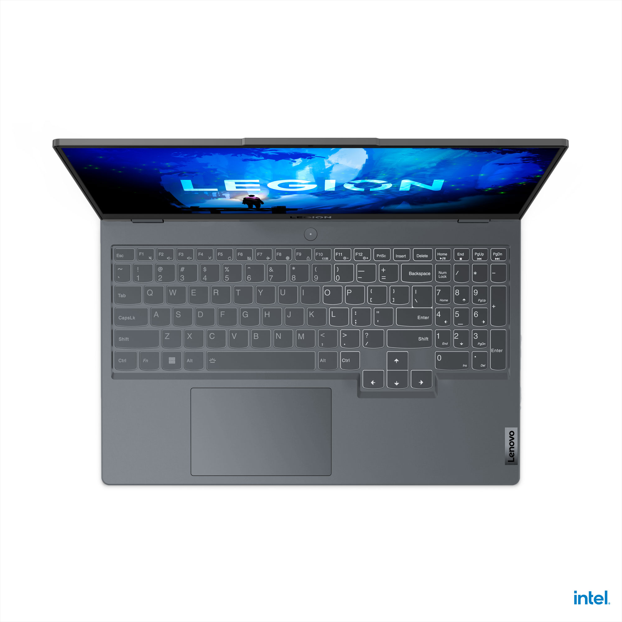 Vista superior de un portátil Lenovo Legion con una pantalla que muestra una escena de juego.