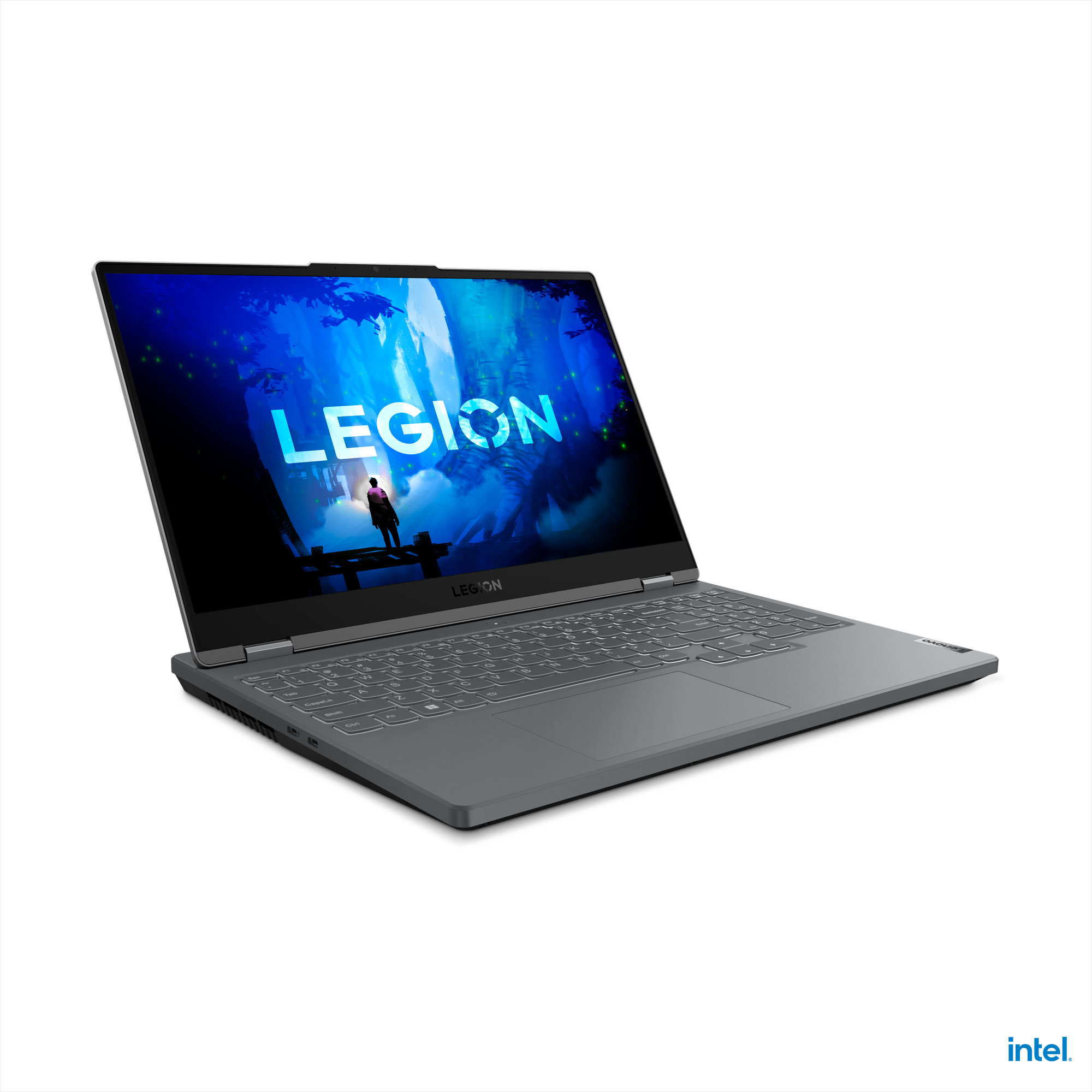 Ordenador portátil con una pantalla que muestra una escena con una figura y la palabra Legion.