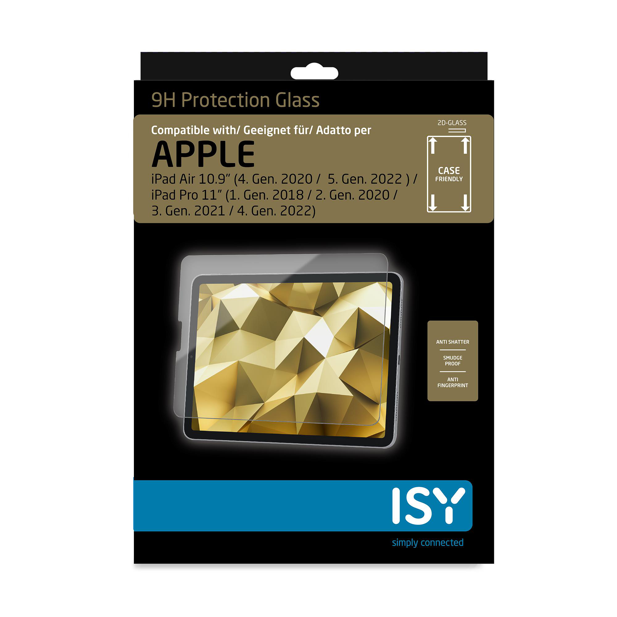 Schachtel mit iPad-Displayschutz, weißer Text: 9H Protection Glass.