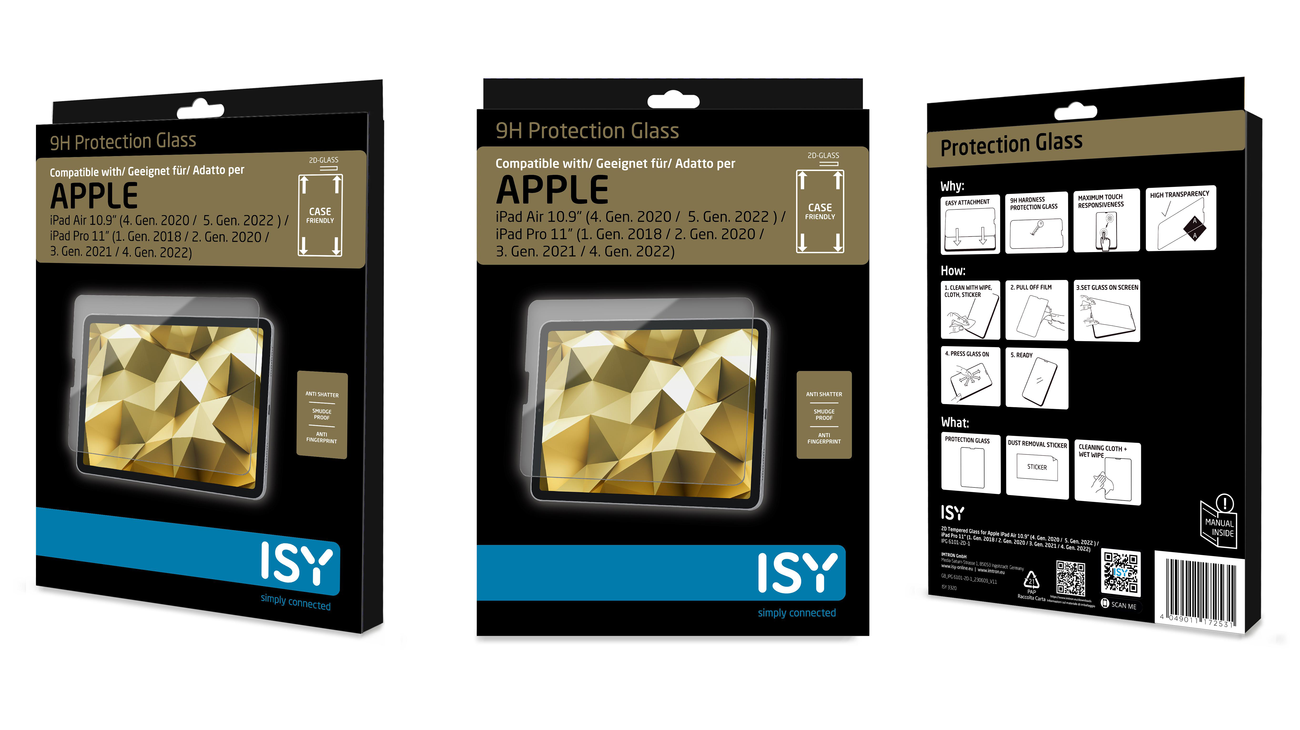 Drei Kartons mit 9H-Schutzglas für Apple iPad. Jede Box hat ein anderes Design.