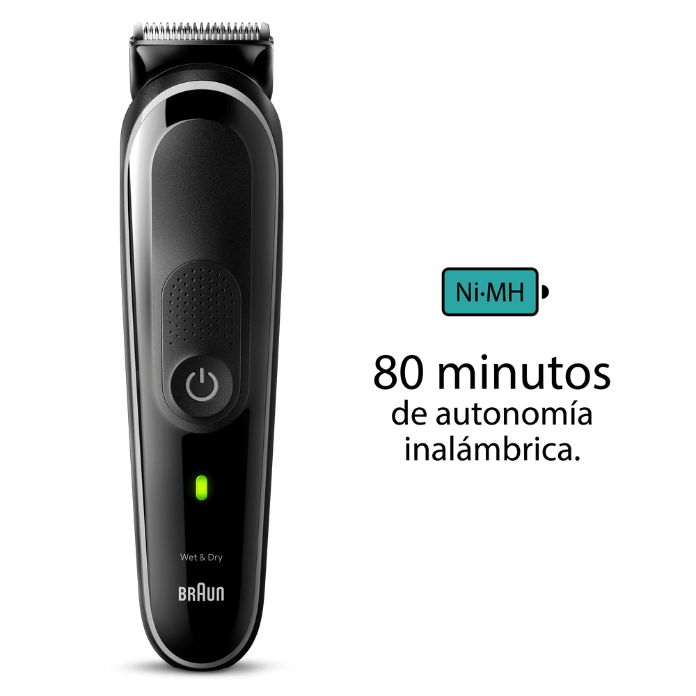 Una recortadora de barba negra con luz verde y texto en español sobre la duración de la batería.
