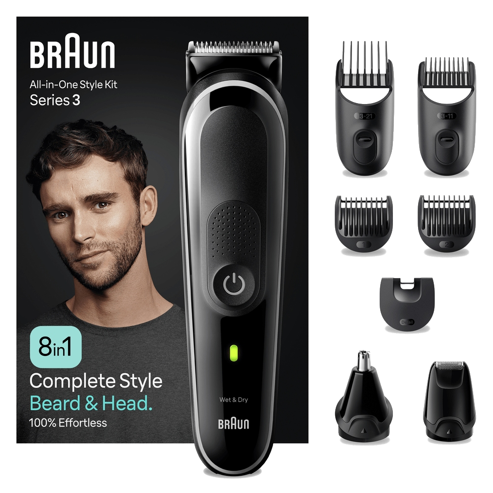 Kit todo en uno Braun Series 3. Un hombre con barba, un recortador y accesorios.
