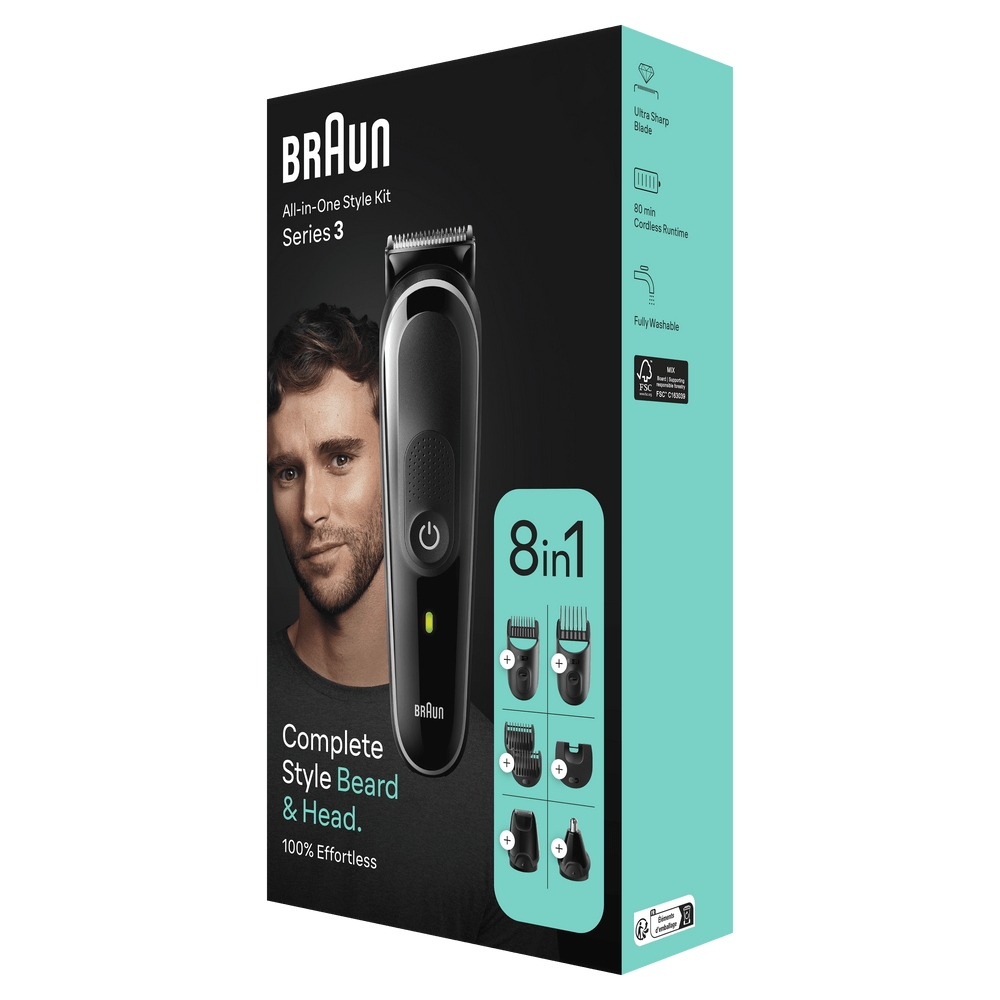 Caja del kit de estilo todo en uno Braun Series 3, con cara de hombre y recortadora.