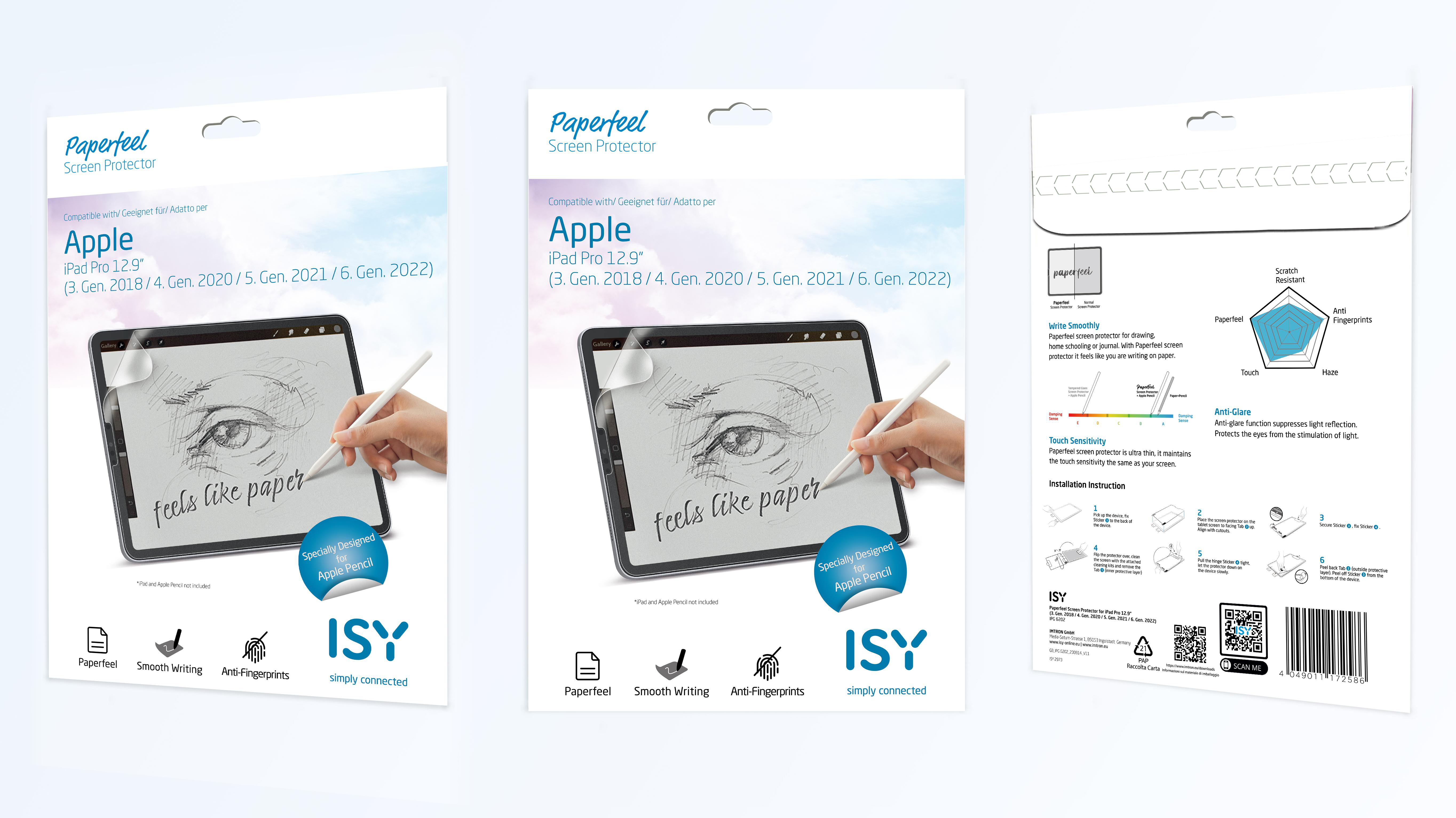Drei Packungen Paperfeel-Displayschutzfolien für Apple iPad. Die Packungen sind weiß und haben Text.