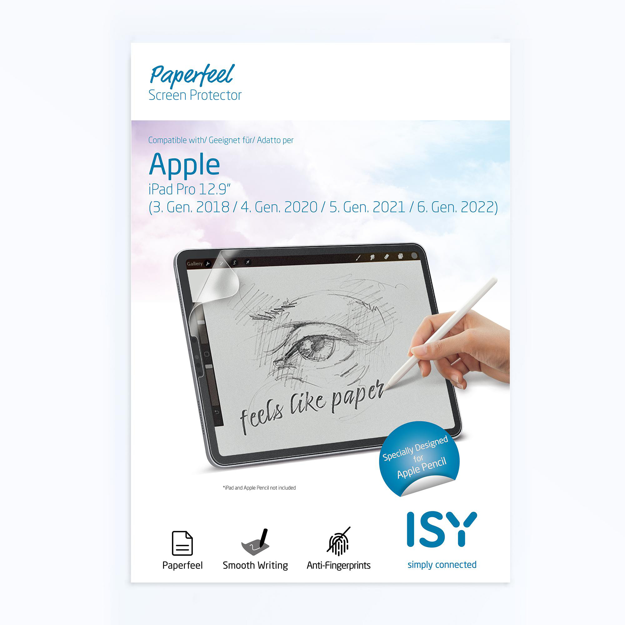 Ein Tablet-Bildschirm mit einer Zeichnung eines Auges und einer Hand, die einen Stift hält. Die Verpackung ist weiß.