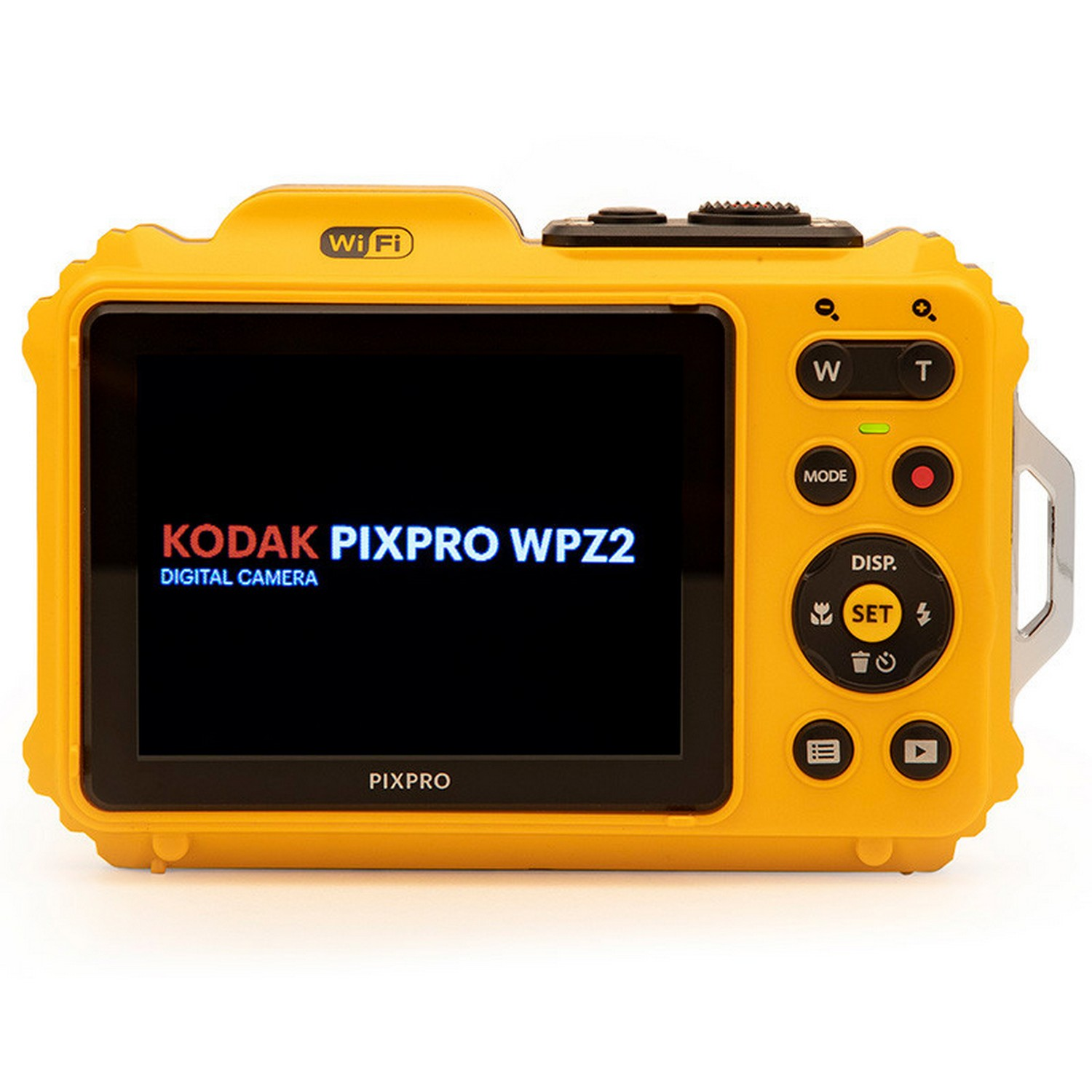 A yellow digital camera with a black screen and buttons. The brand is Kodak.