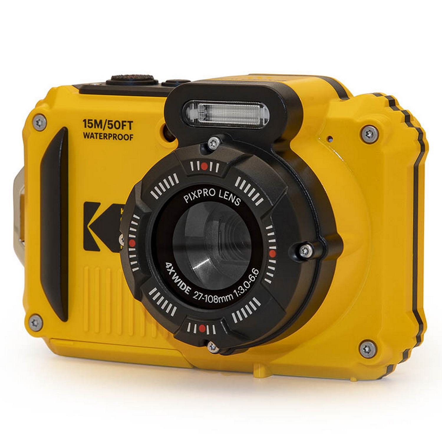Yellow waterproof camera with black lens and controls. Marked '15M/50FT WATERPROOF' and 'KODAK'.