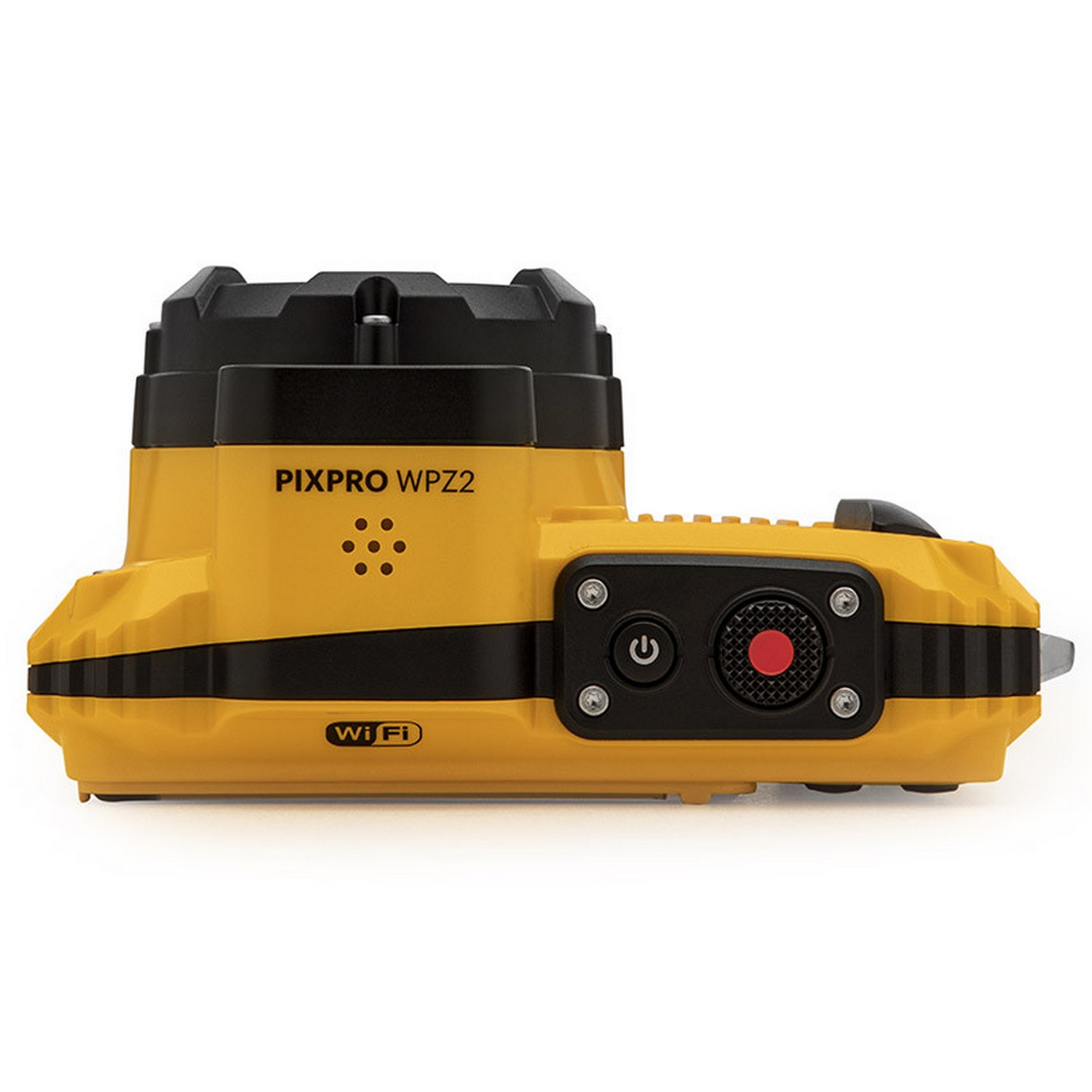 Yellow and black action camera. It has a black top and a red button.