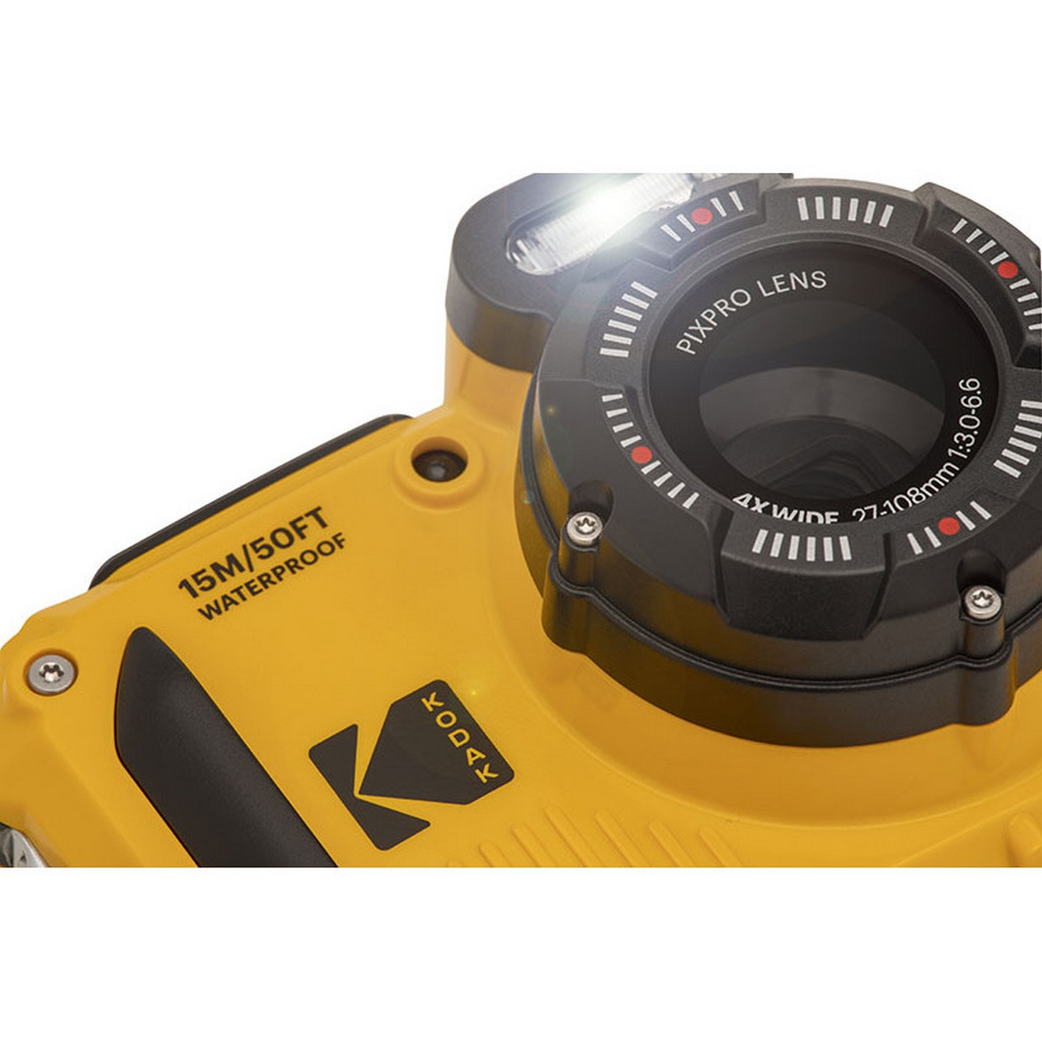 A yellow waterproof camera with black details. The lens is in the center.