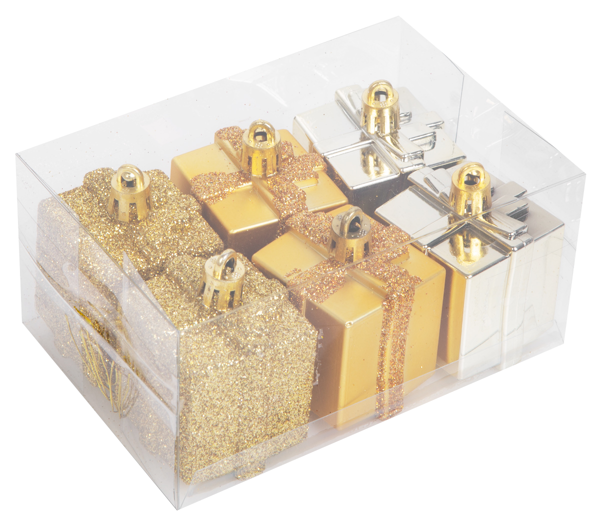 FAMILY CHRISTMAS Karácsonyfadísz szett, arany ajándék, 4,5 cm, 6 db / szett (58781A)