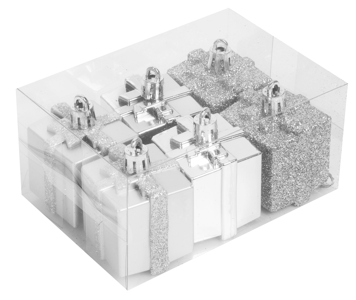 FAMILY CHRISTMAS Karácsonyfadísz szett, ezüst ajándék, 4,5 cm, 6 db / szett (58781B)