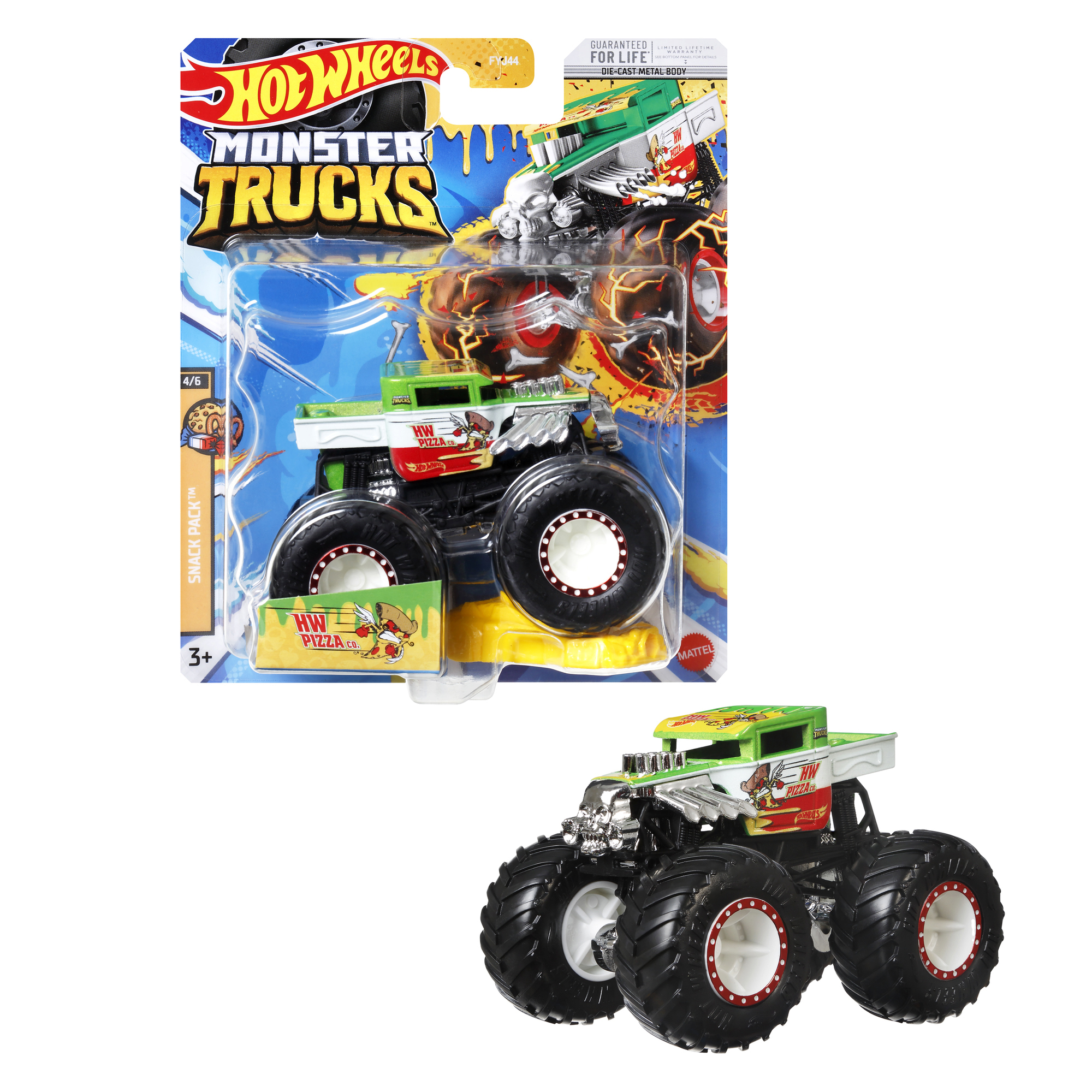 Hot Wheels Monstertruck-Spielzeug. Der Truck ist grün und weiß mit großen schwarzen Reifen.