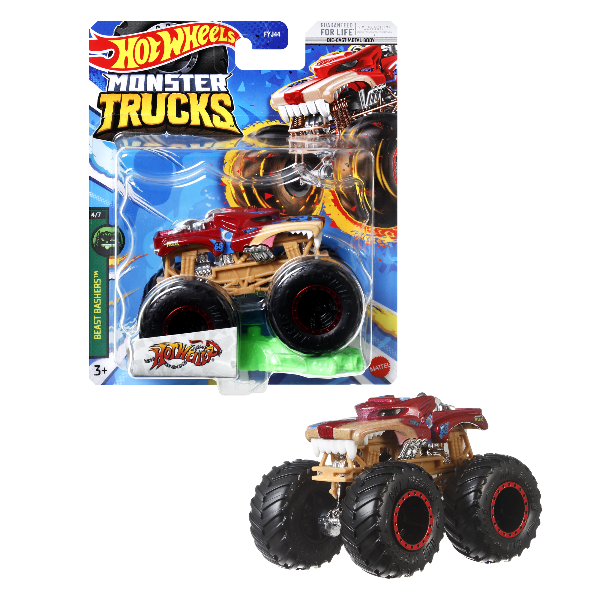 Hot Wheels Monster Trucks Spielzeug in Verpackung. Ein roter und beiger Monstertruck wird gezeigt.