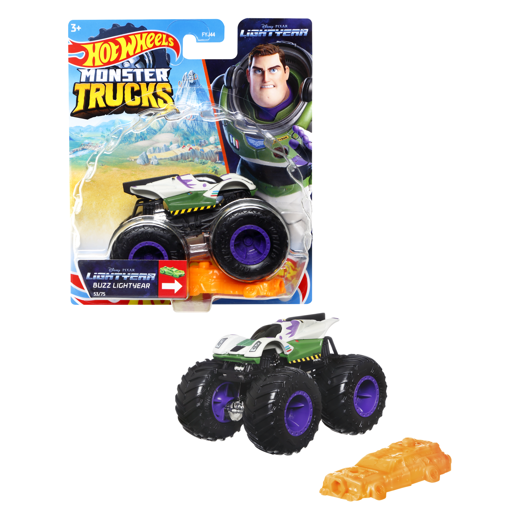 Spielzeugauto in einer Verpackung mit Buzz Lightyear. Der Hintergrund ist weiß.