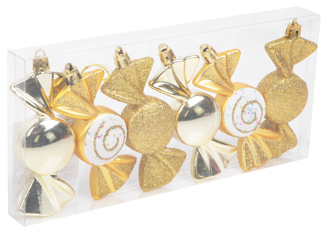 FAMILY CHRISTMAS Karácsonyfadísz szett, arany cukor, 10 x 3 cm, 6 db / szett (58782A)