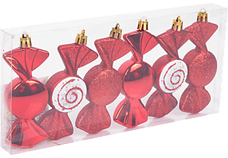 FAMILY CHRISTMAS Karácsonyfadísz szett, piros cukor, 10 x 3 cm, 6 db / szett (58782C)