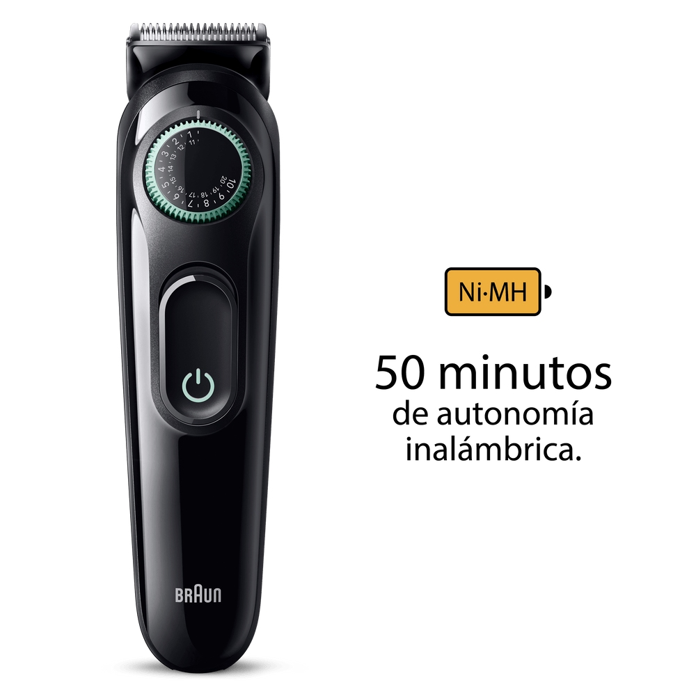 Una recortadora de barba Braun negra con un dial verde. Texto indica 50 minutos de uso inalámbrico. Símbolo de batería Ni-MH.