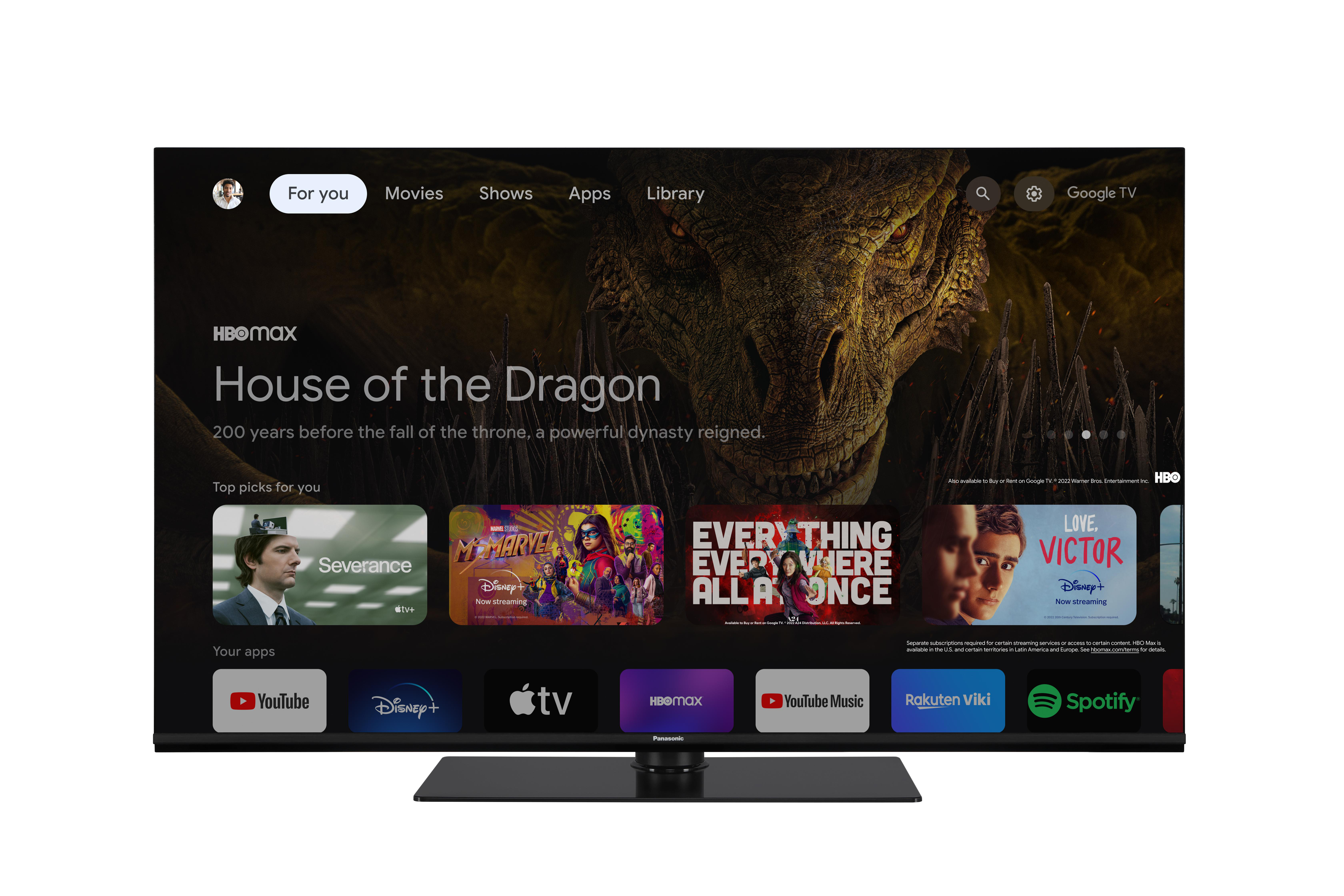 Ein Panasonic-Fernseher zeigt die Serie House of the Dragon auf der Google TV-Oberfläche.