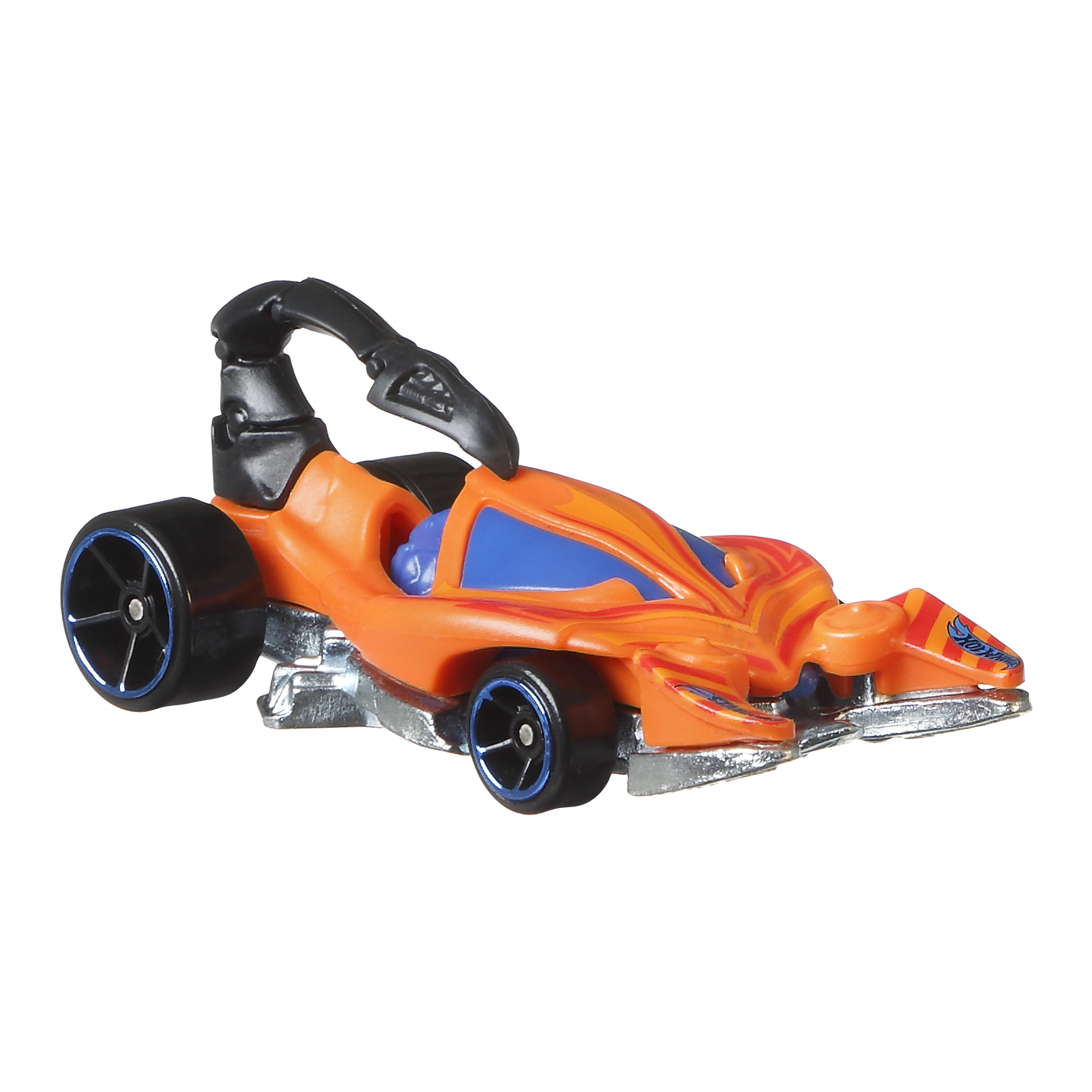 Oranges Hot Wheels Auto, geformt wie ein Skorpion, blaue Fenster, schwarze Räder.