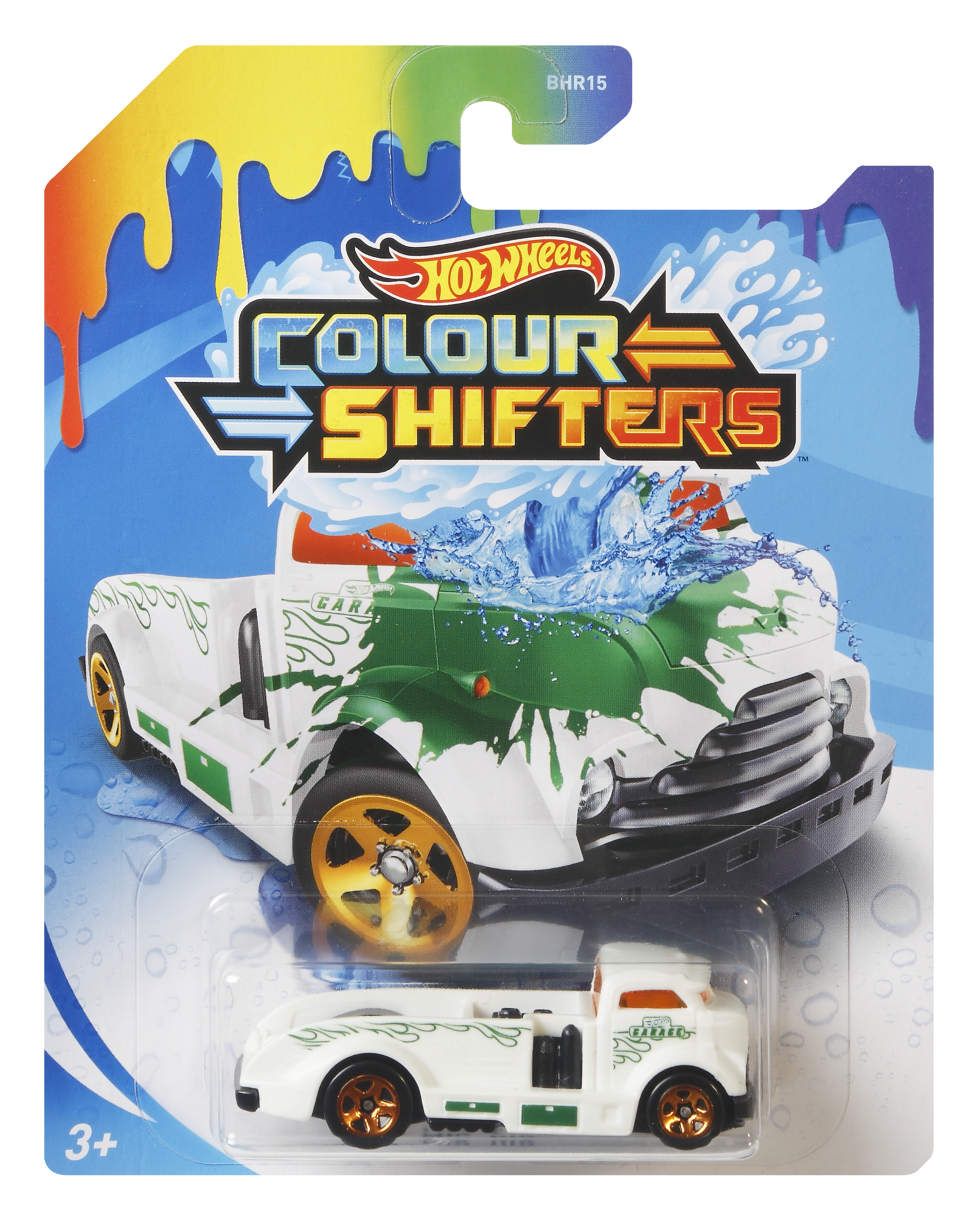 Weißes Hot Wheels-Auto in Verpackung, bunter Hintergrund mit Wasserspritzeffekt.