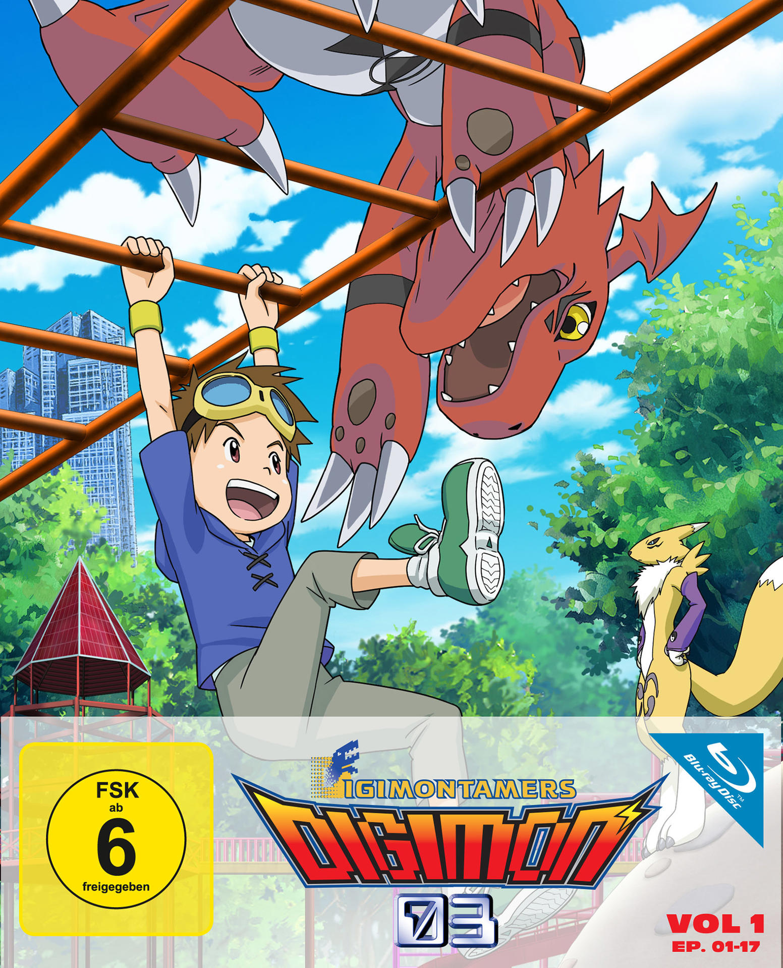 Anime-DVD-Cover. Zeigt einen Jungen auf einem Klettergerüst mit einem roten Dinosaurier.