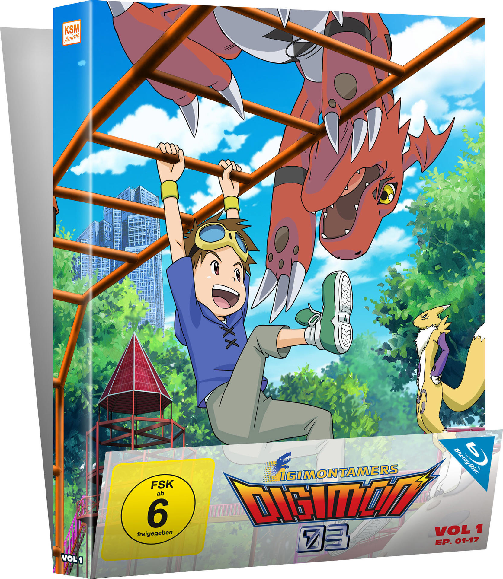 Digimon Tamers Vol. 1 Blu-ray-Box-Art. Ein Junge hängt an einem Klettergerüst mit einem roten Digimon.