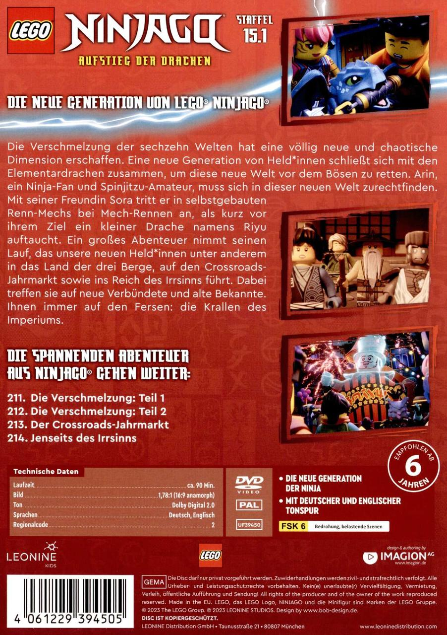 Rückseite der LEGO Ninjago DVD-Hülle. Enthält Charaktere der Serie und Text auf Deutsch.