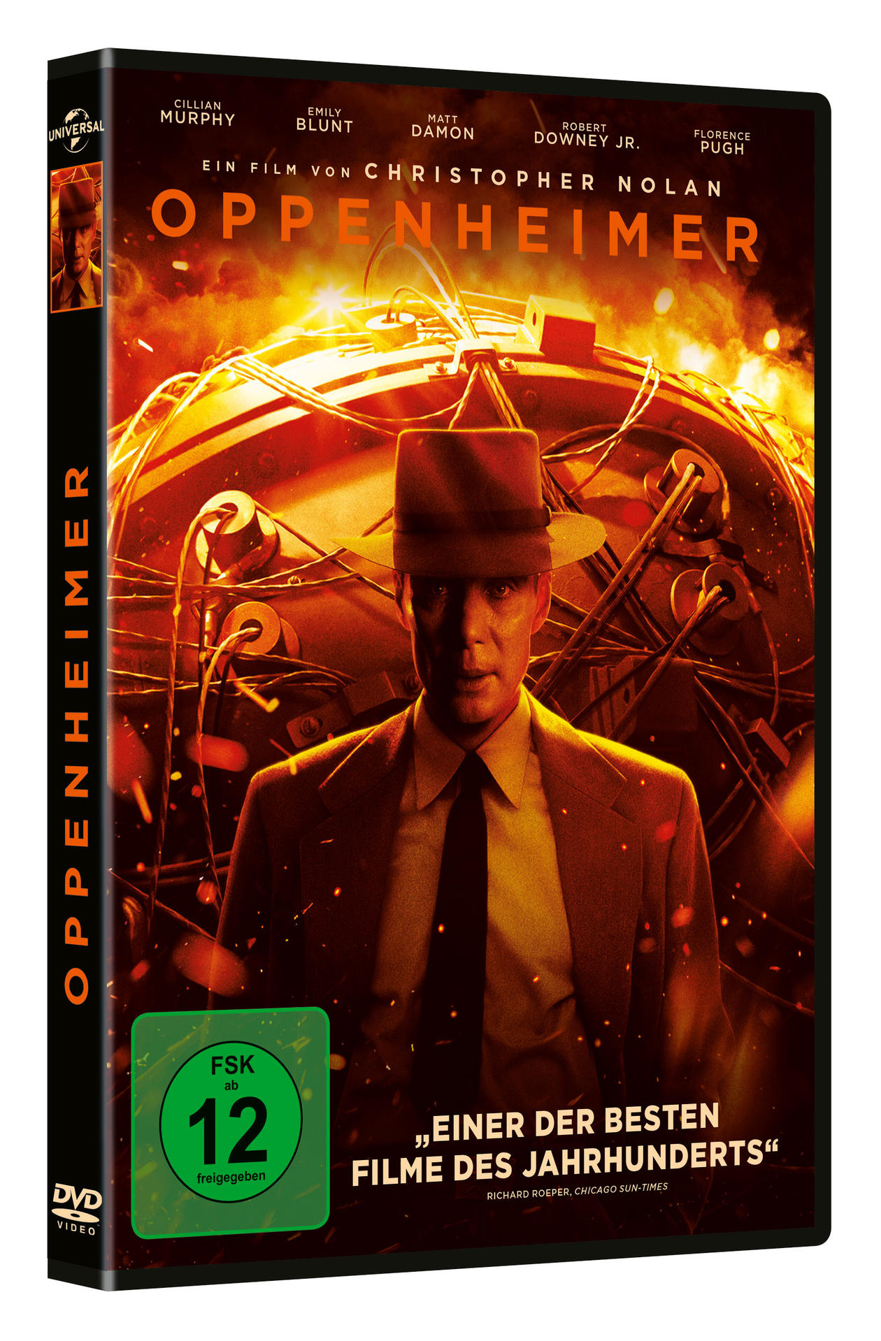 DVD-Hülle für den Film 'Oppenheimer' mit Schauspielernamen und Filmdetails.