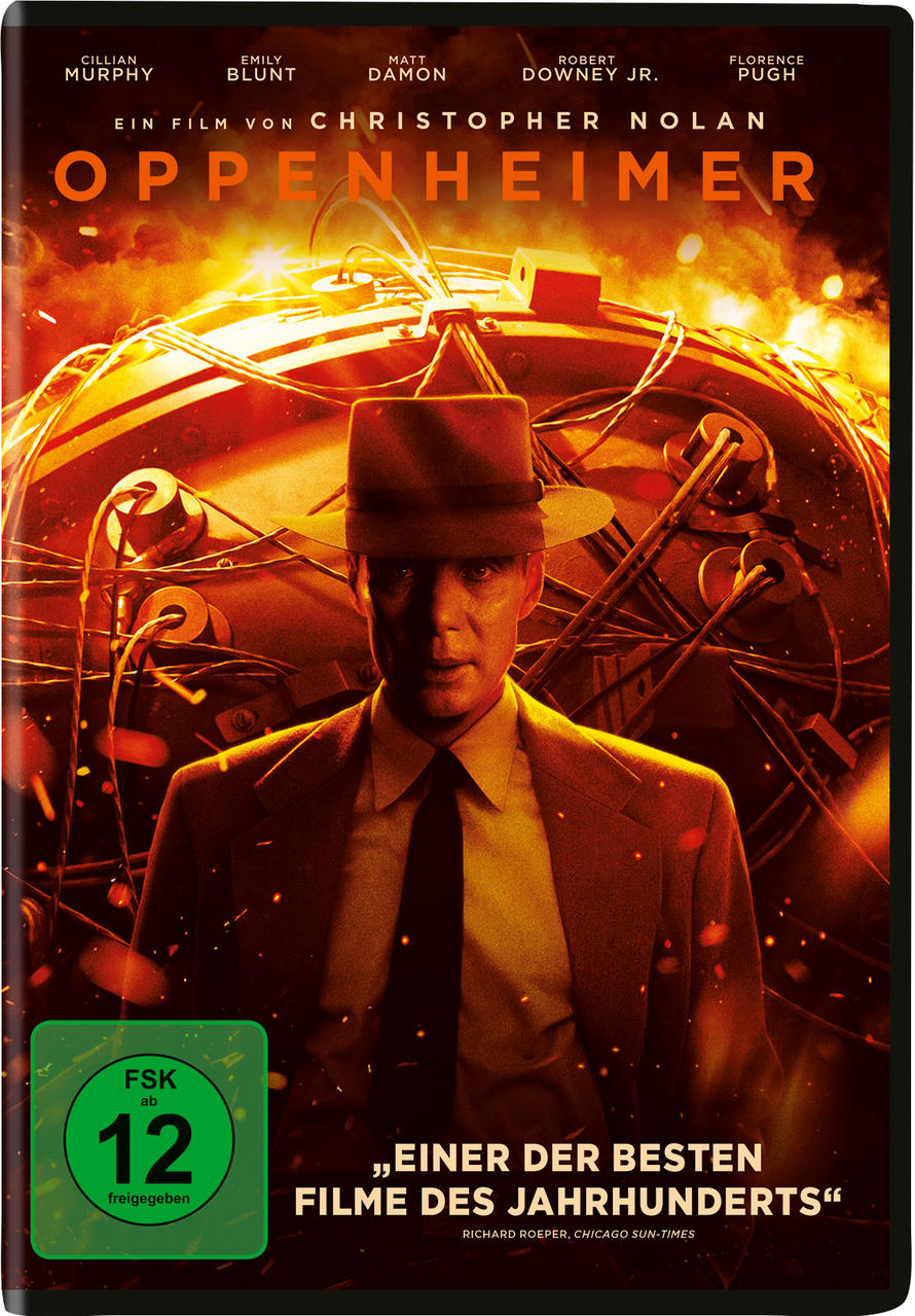 Oppenheimer-Filmcover, mit Filmtitel, Schauspielern und einem Bild eines Mannes.