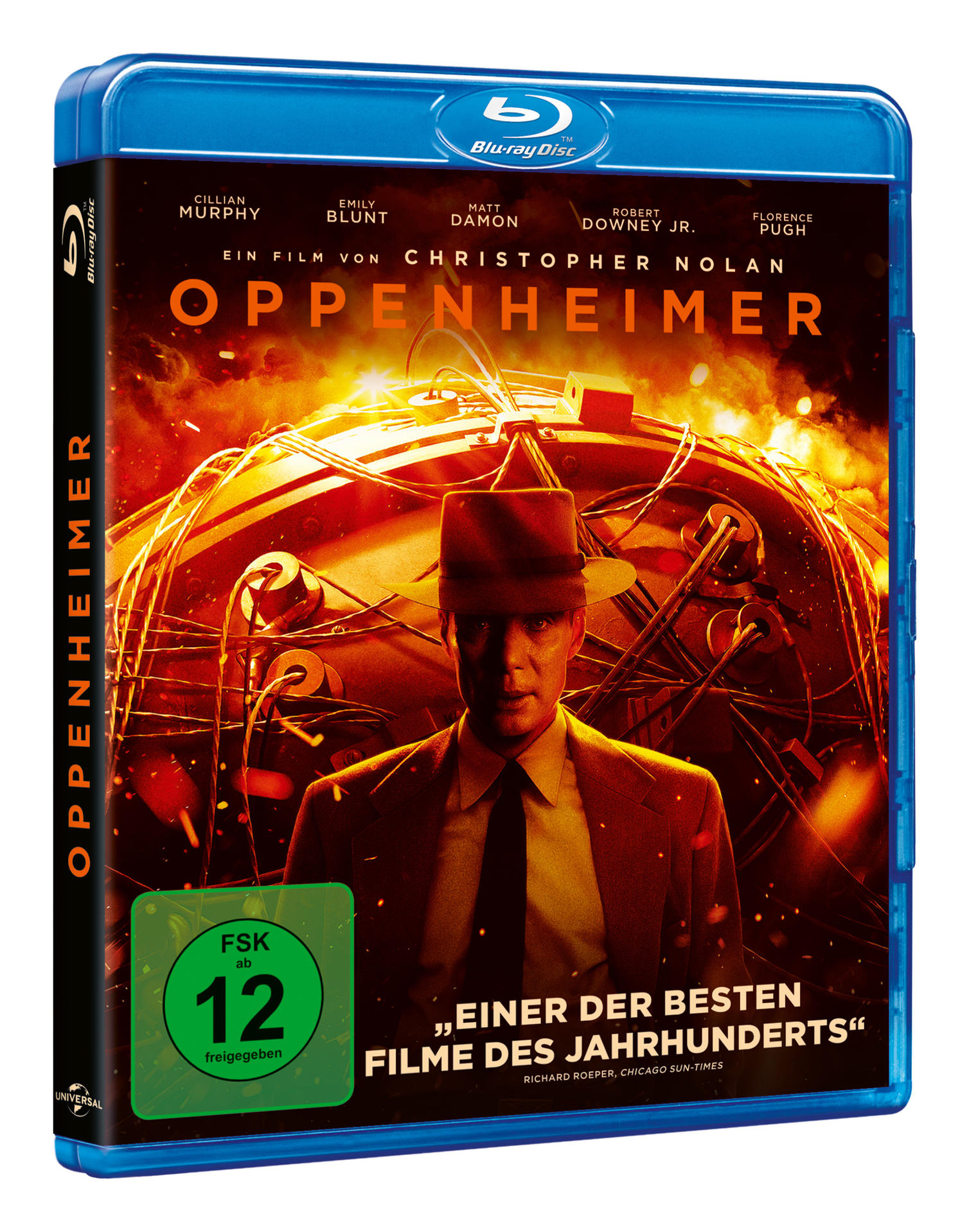 Filmcover mit Oppenheimer, einem Mann mit Hut und einer nuklearen Explosion.