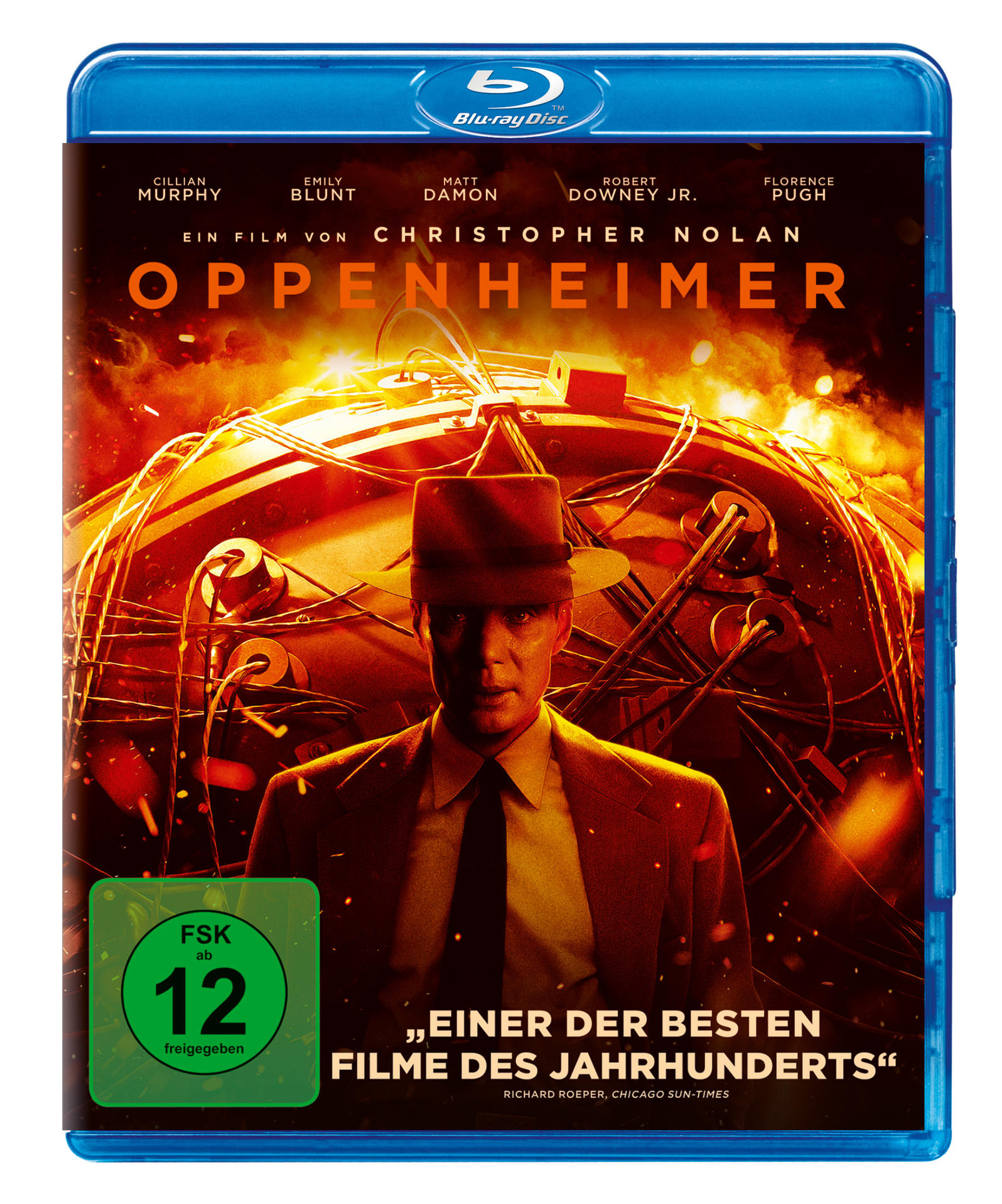 Blu-ray-Disc-Cover für den Film Oppenheimer mit Cillian Murphy. Es hat einen dunklen Hintergrund und Text.