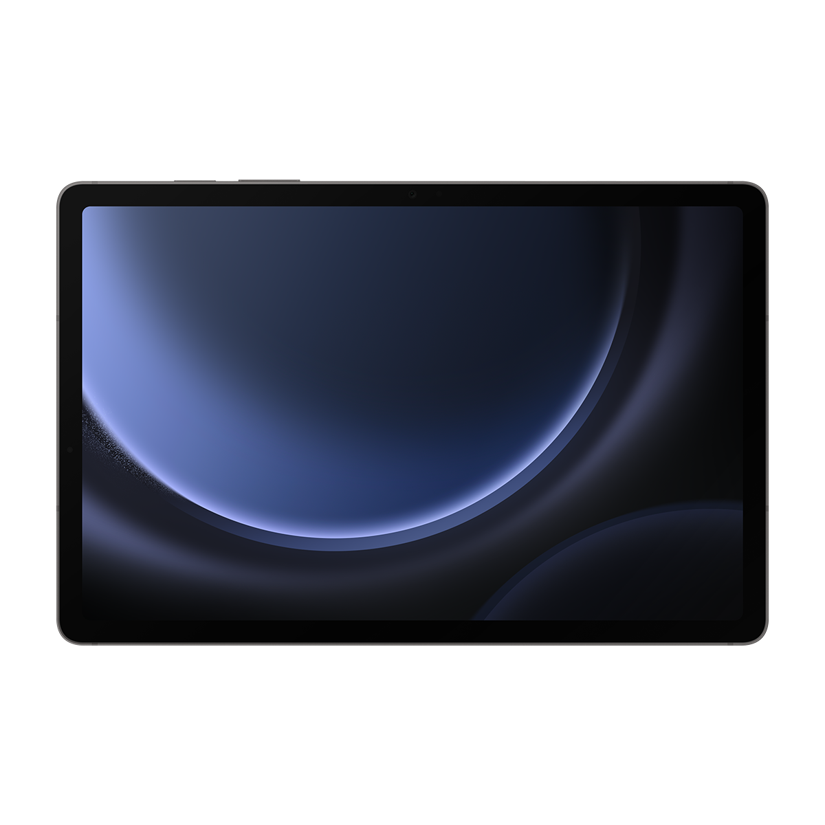 Ekranında koyu, kavisli bir tasarıma sahip tablet. Siyah arka plan ve gümüş çerçeve.