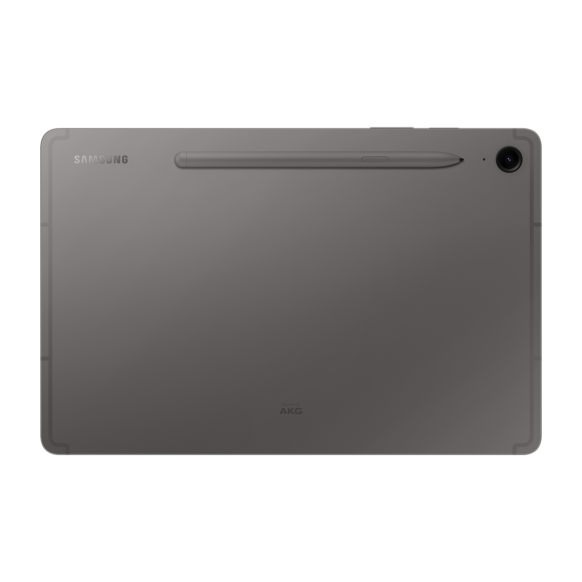 Kalem ve kamerası olan gri bir tablet. Samsung kelimesi üstte.