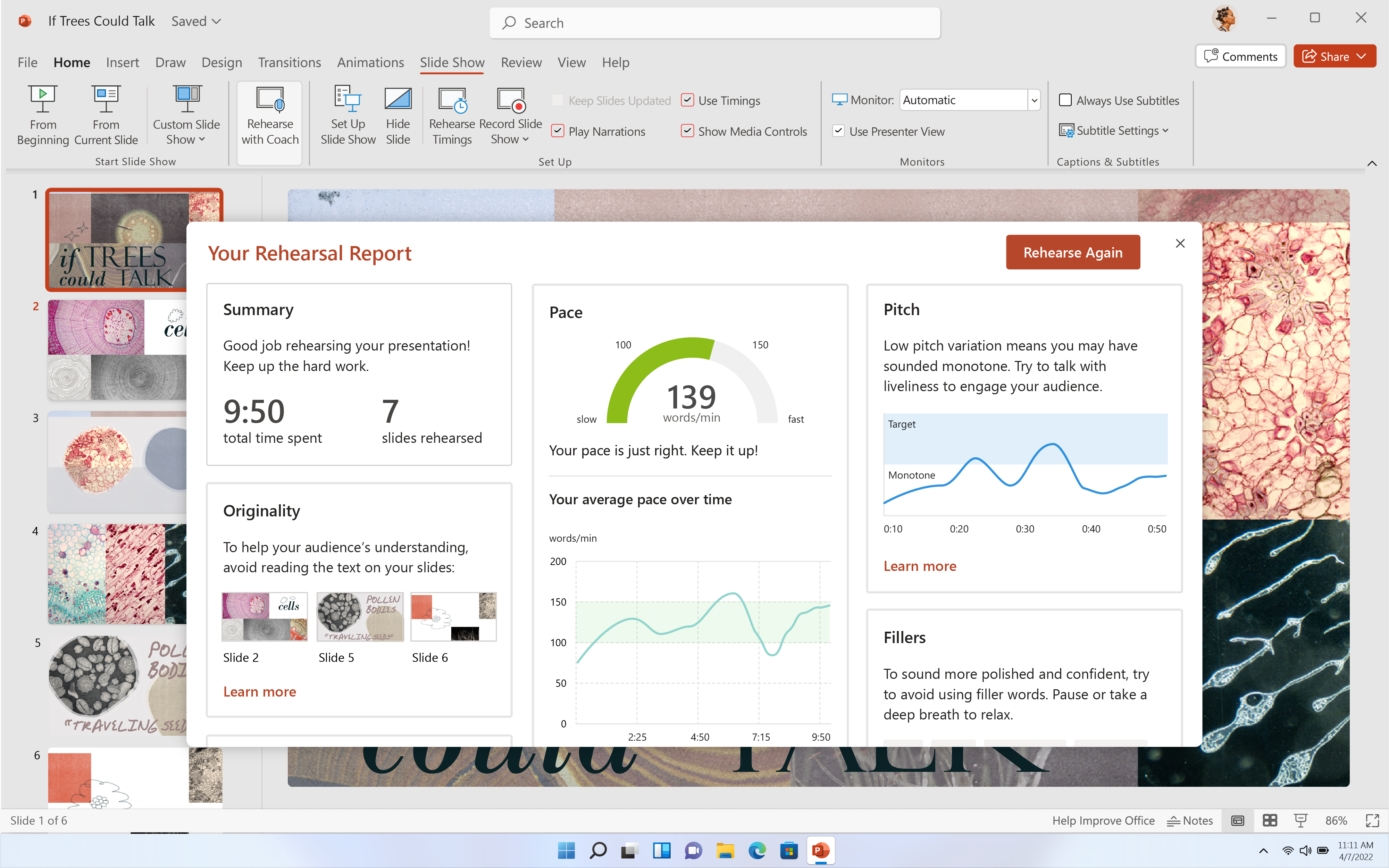 Schermata di una presentazione di PowerPoint. Un rapporto di prova è aperto, che mostra metriche di tempo, ritmo e tono.