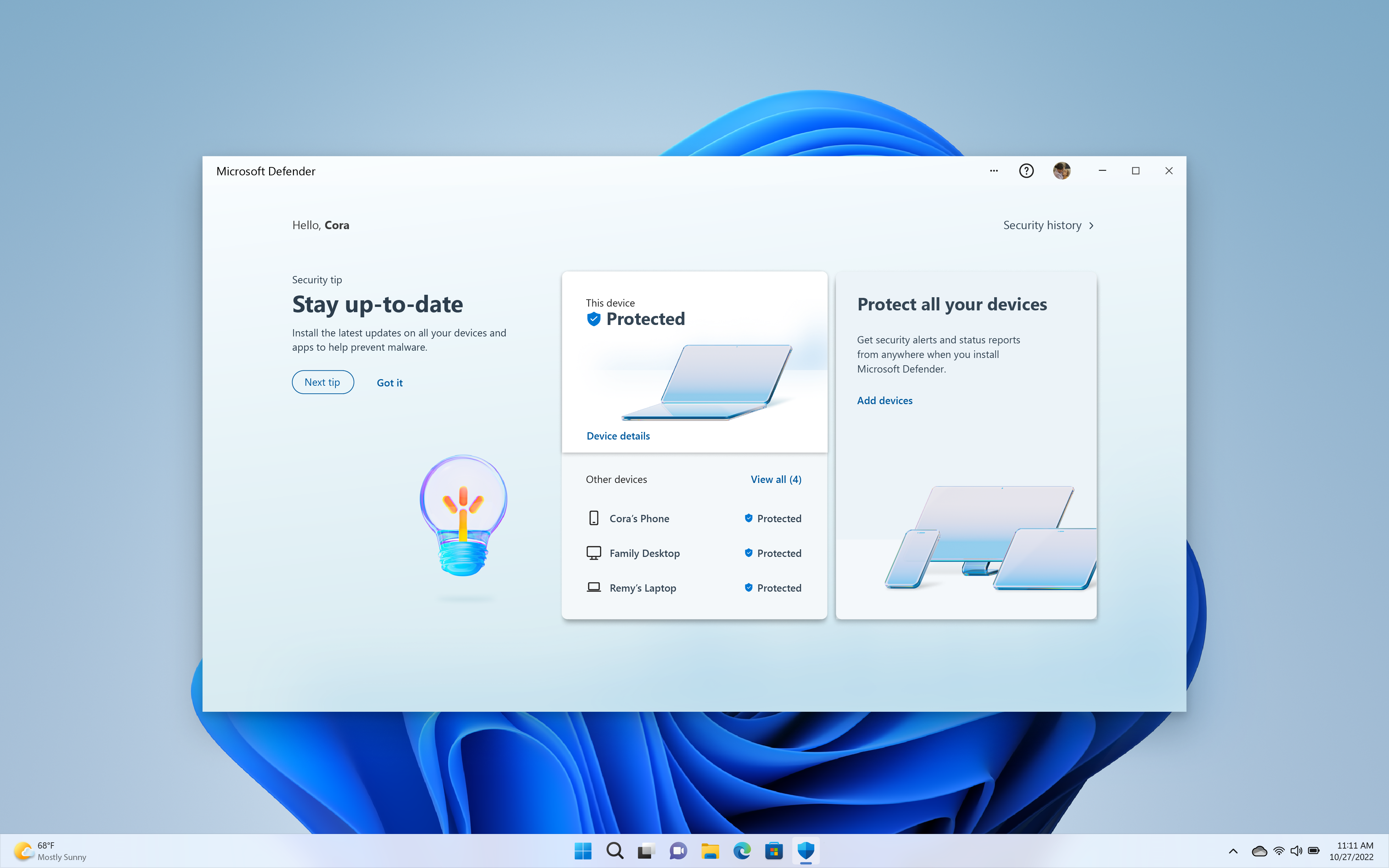 Un'interfaccia di Windows Defender su uno schermo di computer, che mostra lo stato di protezione del dispositivo.