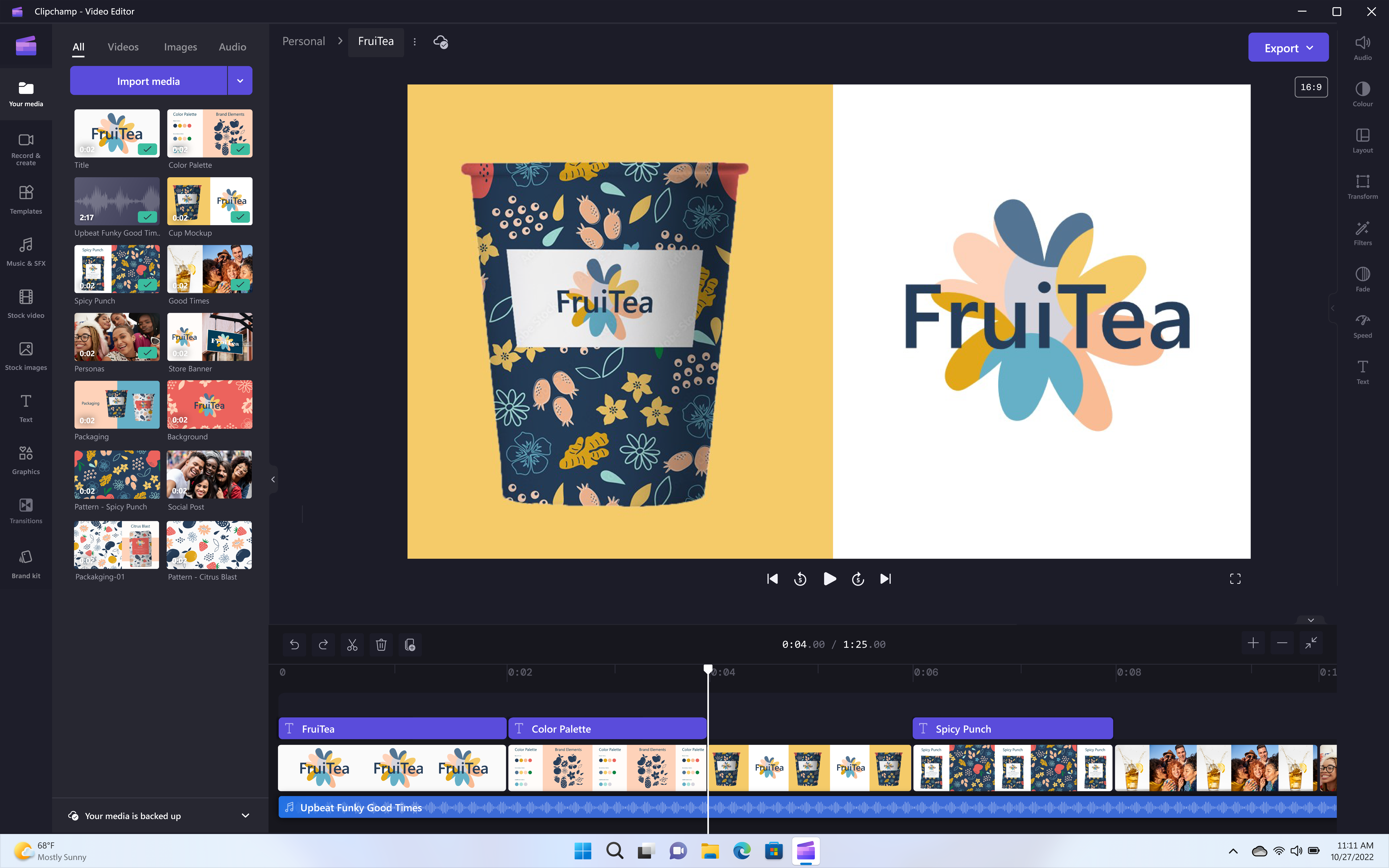 Un'interfaccia di software di editing video mostra un logo e grafica per 'Fruitea'. La timeline è a 0:04.