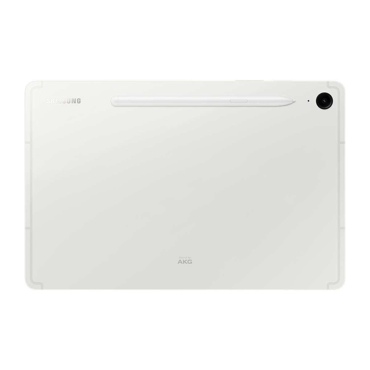 Beyaz bir Samsung tableti, bir kalem takılı. Siyah kamera ve AKG logosu arkada görülebilir.