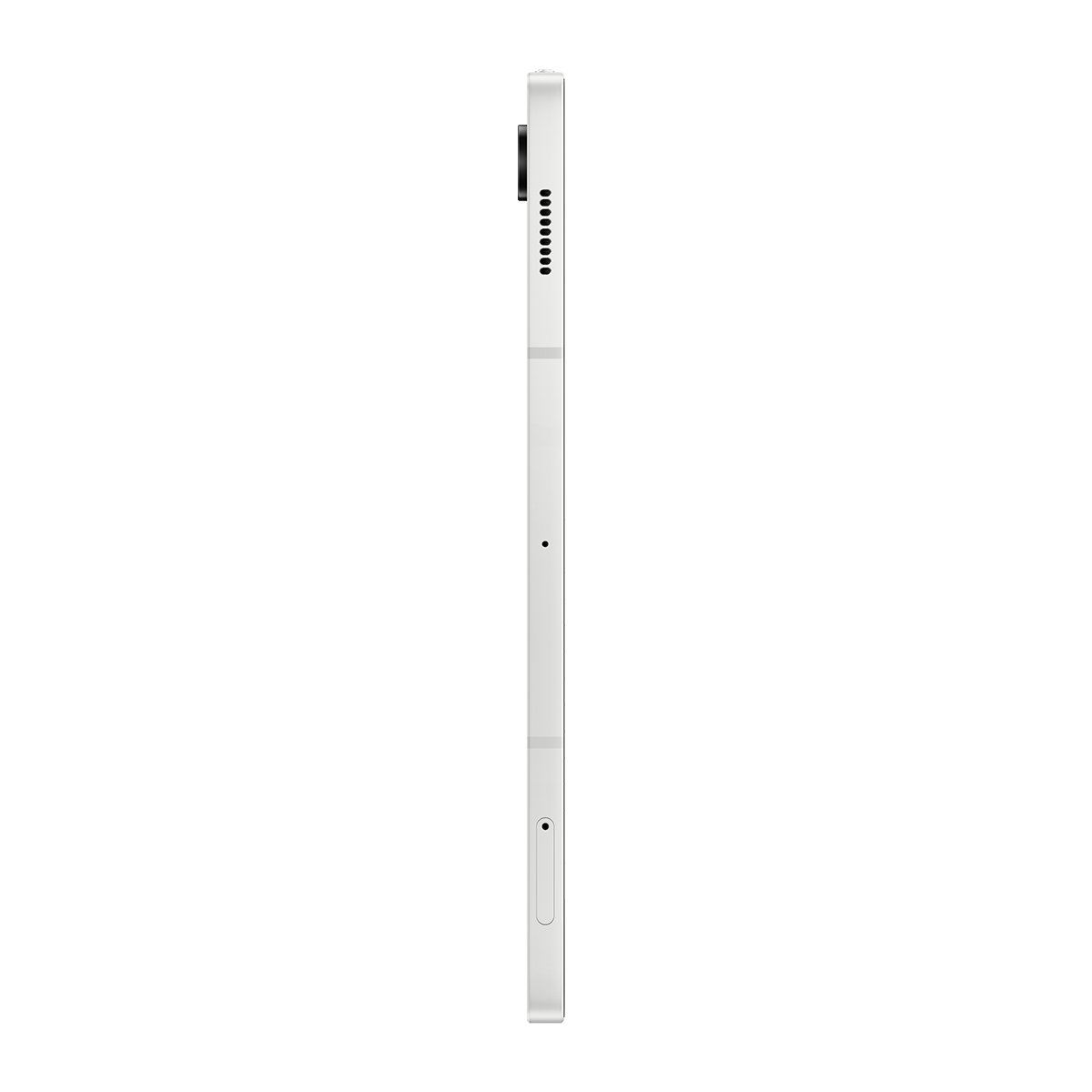 Siyah ekranlı ve siyah çerçeveli, yandan görülen beyaz bir tablet cihazı.