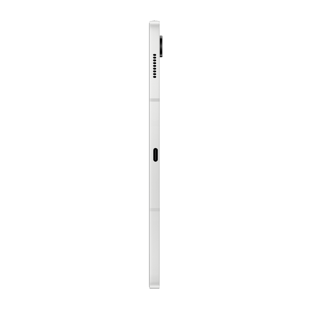 Siyah arka plan üzerinde beyaz tablet, kamera ve düğmelerin göründüğü yan görünüm.
