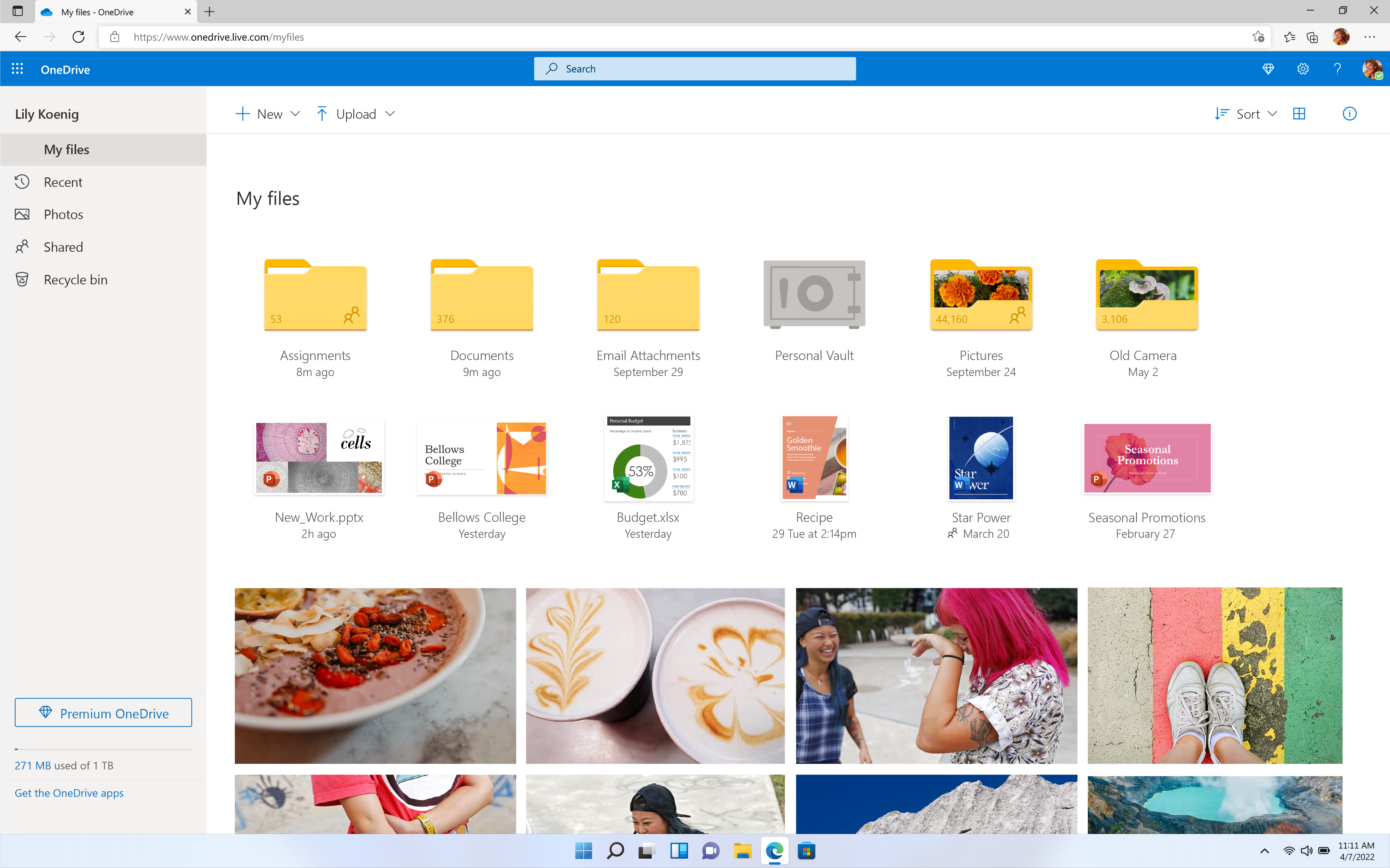 Interface OneDrive avec dossiers, fichiers et barre de recherche sur un écran d'ordinateur.