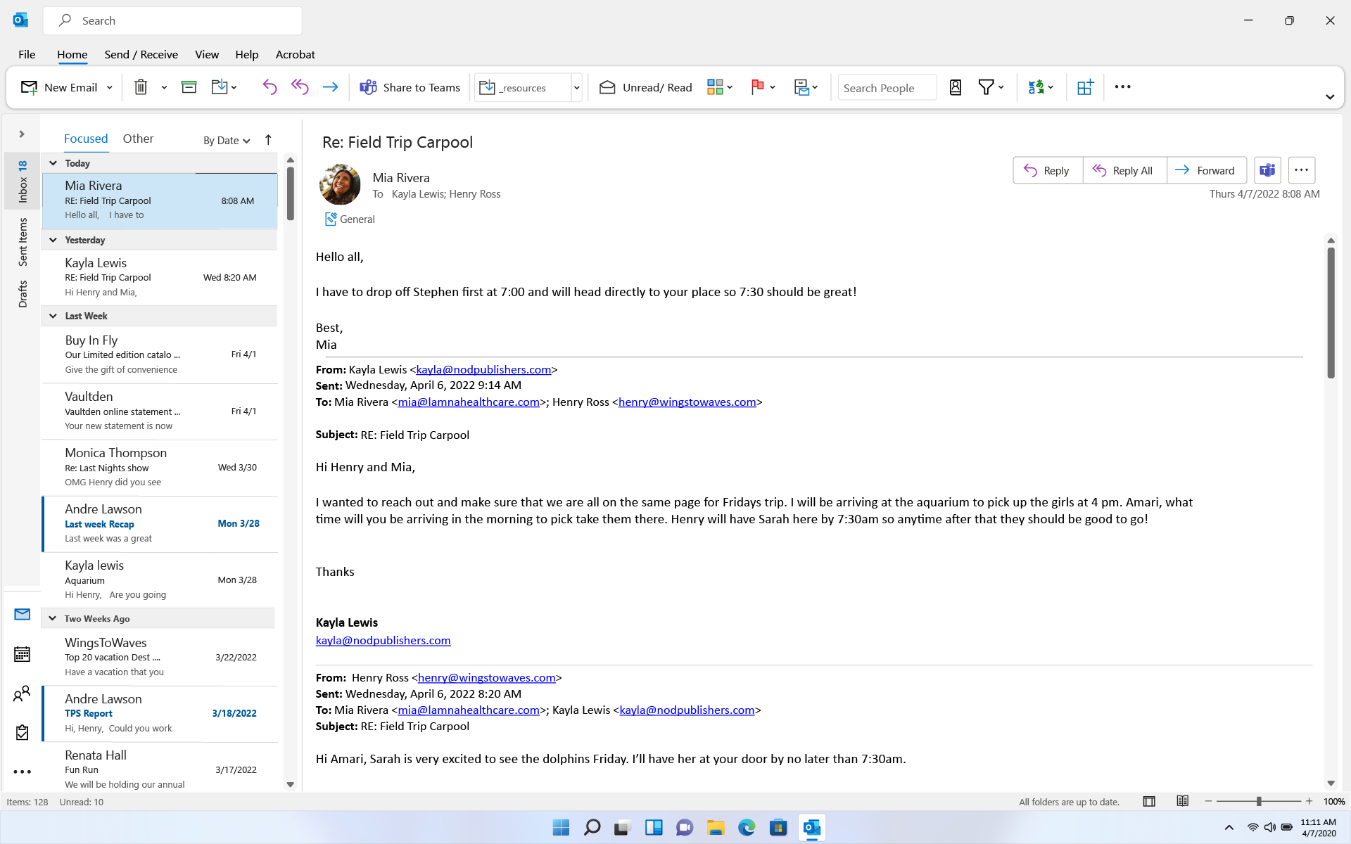 Capture d'écran d'une boîte de réception e-mail avec un e-mail de Mia Rivera.