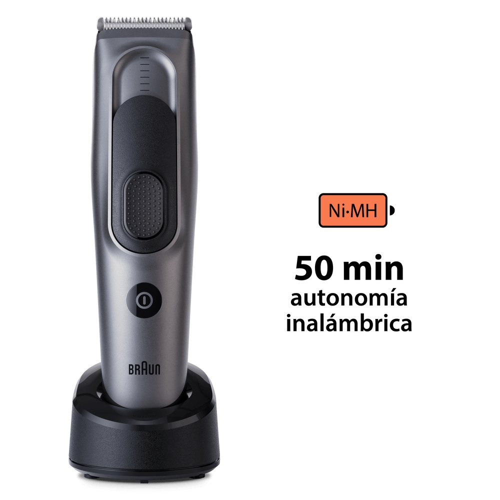 Una recortadora de cabello Braun negra y gris sobre una base negra con texto en español.