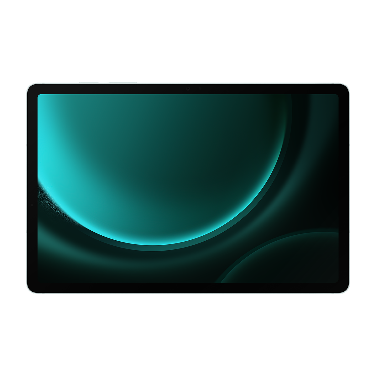 Turkuaz arka planlı tablet. Ekran, kavisli bir ışık deseni gösteriyor.