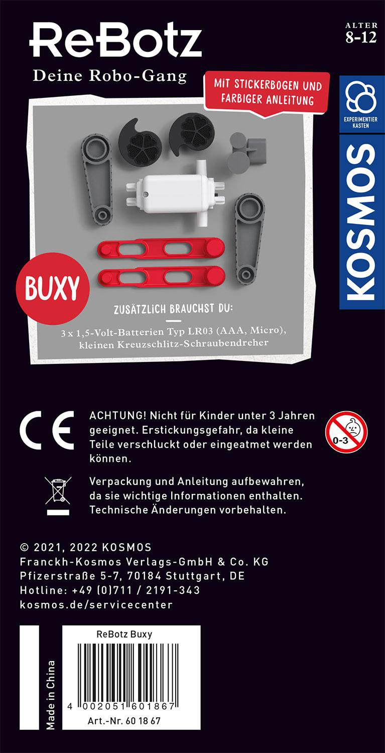 ReBotz-Spielzeugverpackung. Zeigt Buxy, Teile und Anweisungen. Enthält Warnungen vor Kleinteilen.
