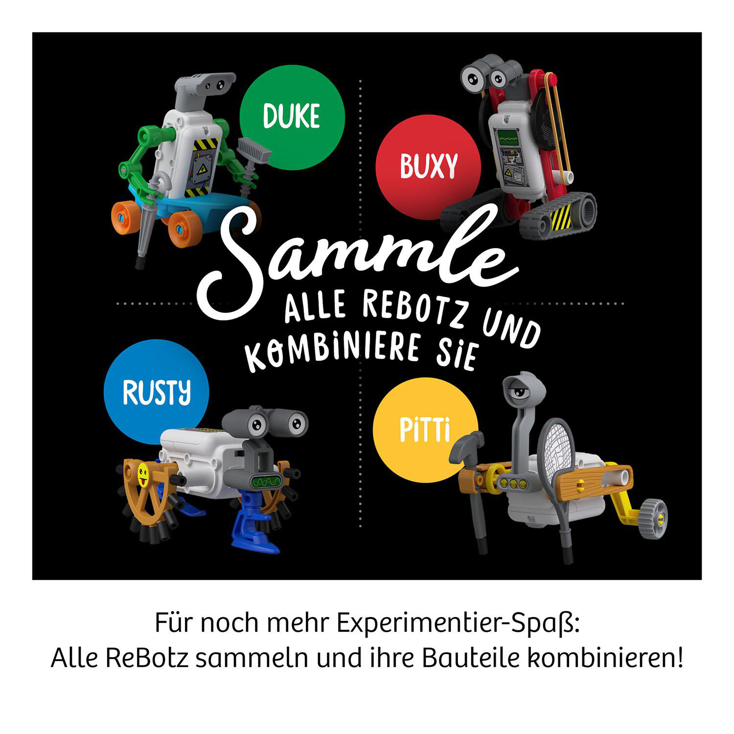 Vier ReBotz-Roboter-Spielzeuge, jedes in einem Kreis mit einem Namen. Text sagt: „Sammle und kombiniere sie!'