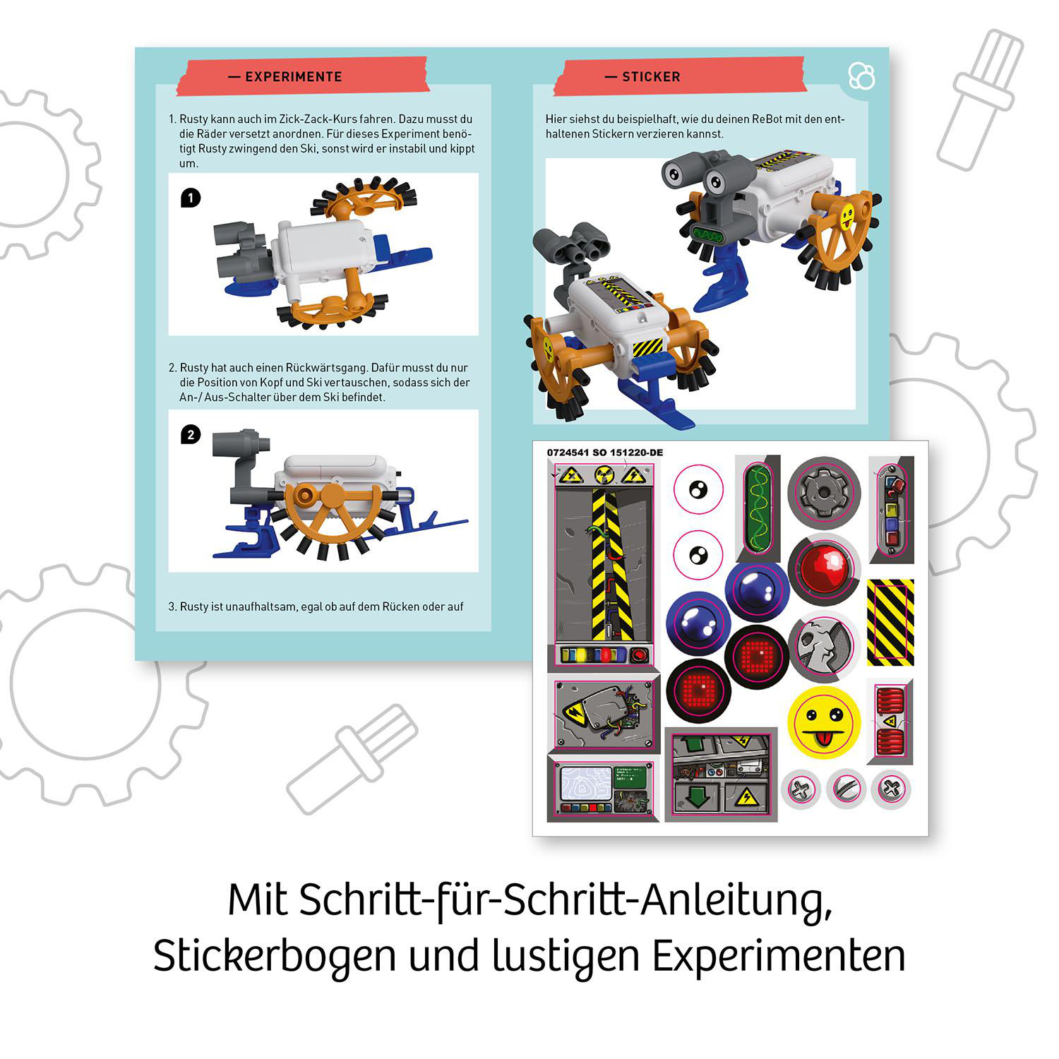 Eine Seite einer Anleitung mit Anweisungen und Aufklebern. Ein Roboter wird gebaut.